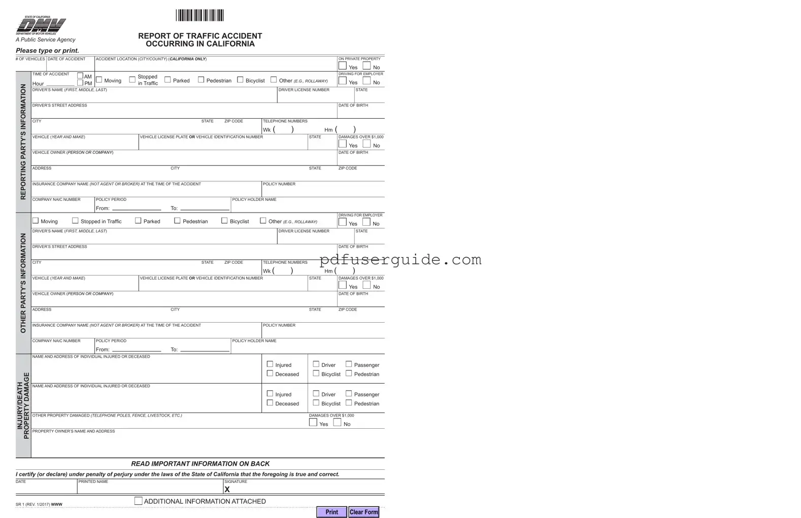 Free Ca Dmv Sr1 Form in PDF