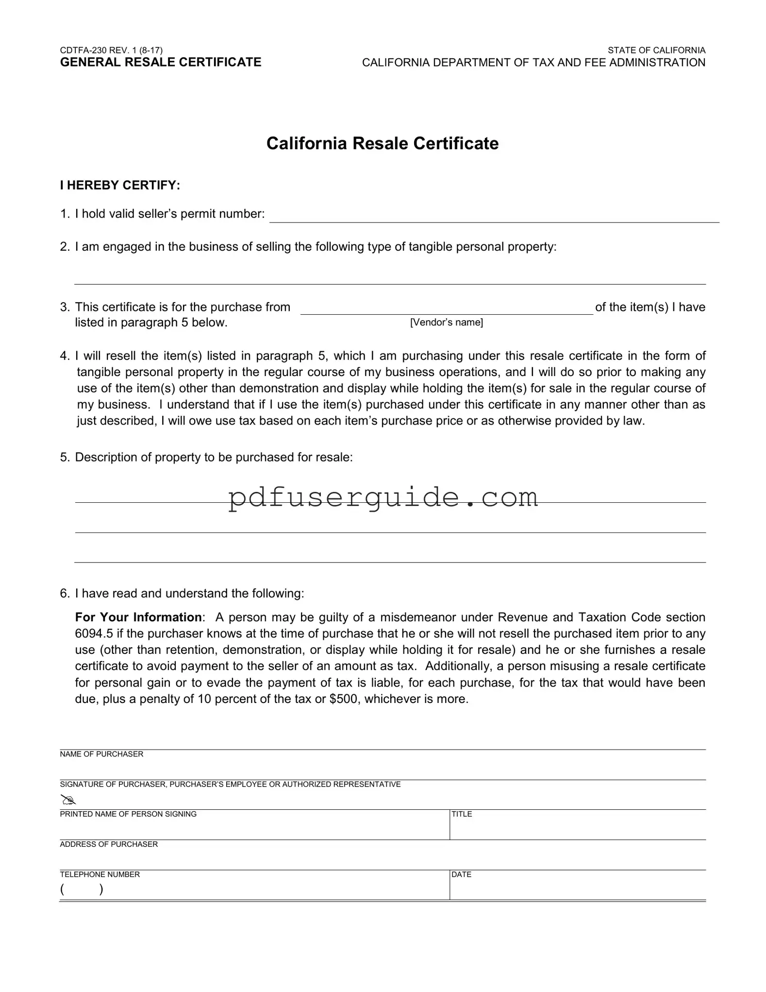 Free Ca Resale Form in PDF
