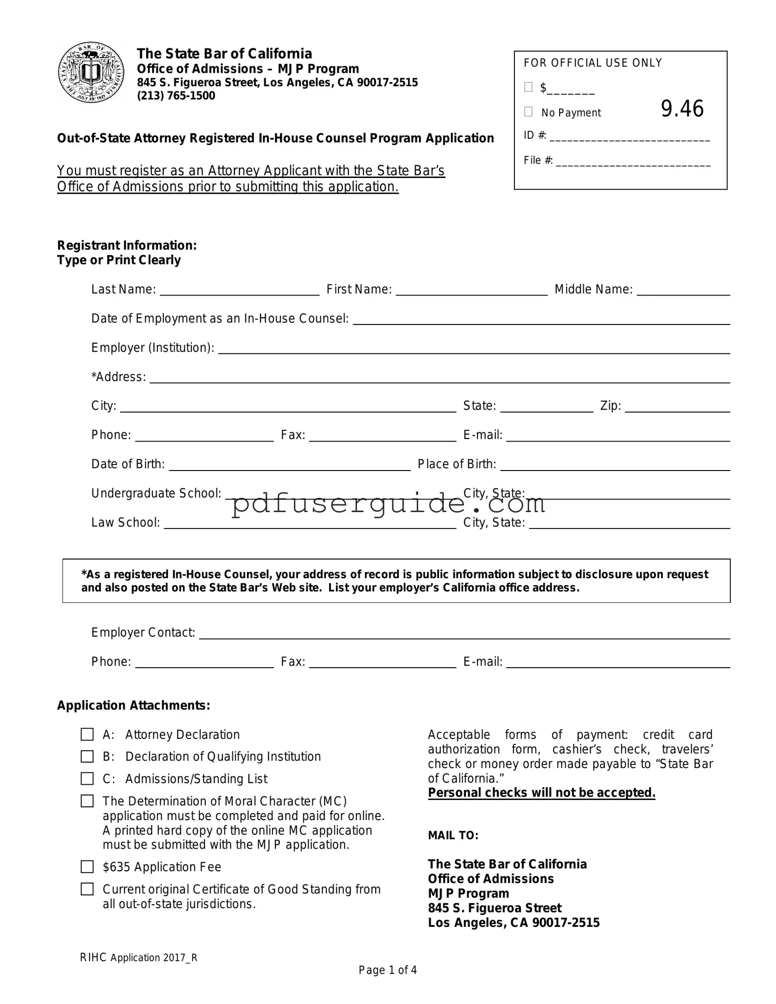 Free California Application Registered In Counsel Form in PDF