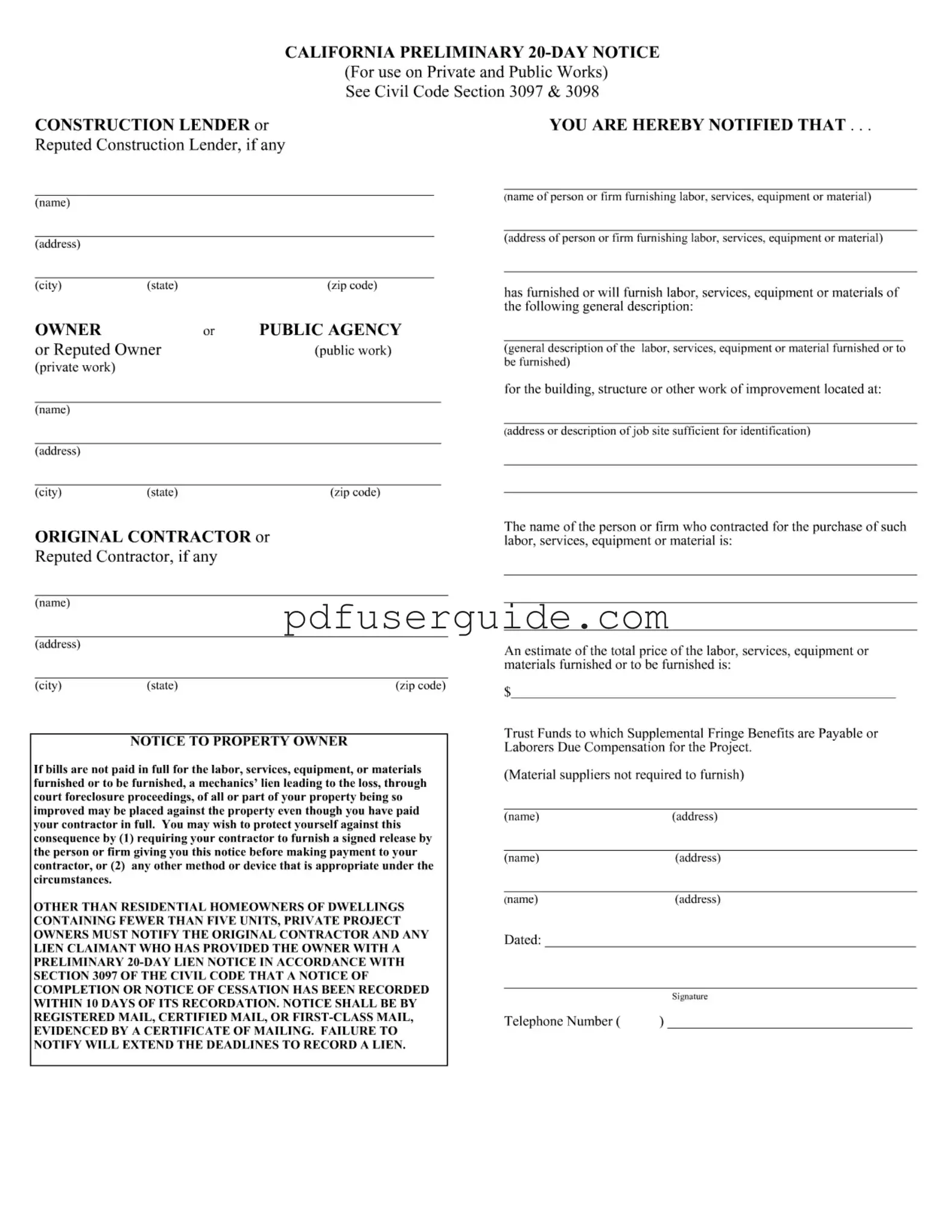 Free California Preliminary 20 Day Notice Form in PDF