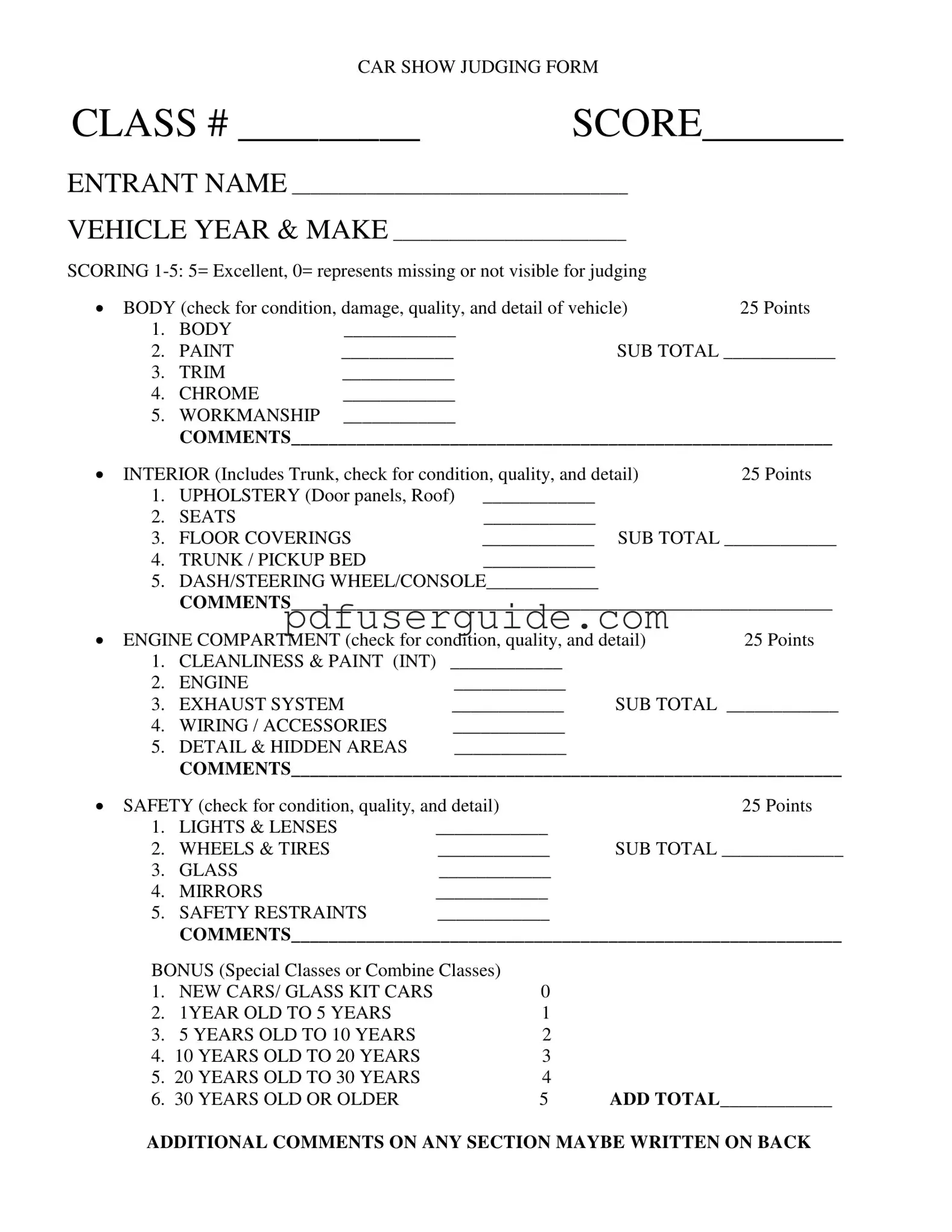 Free Car Show Judging Form in PDF