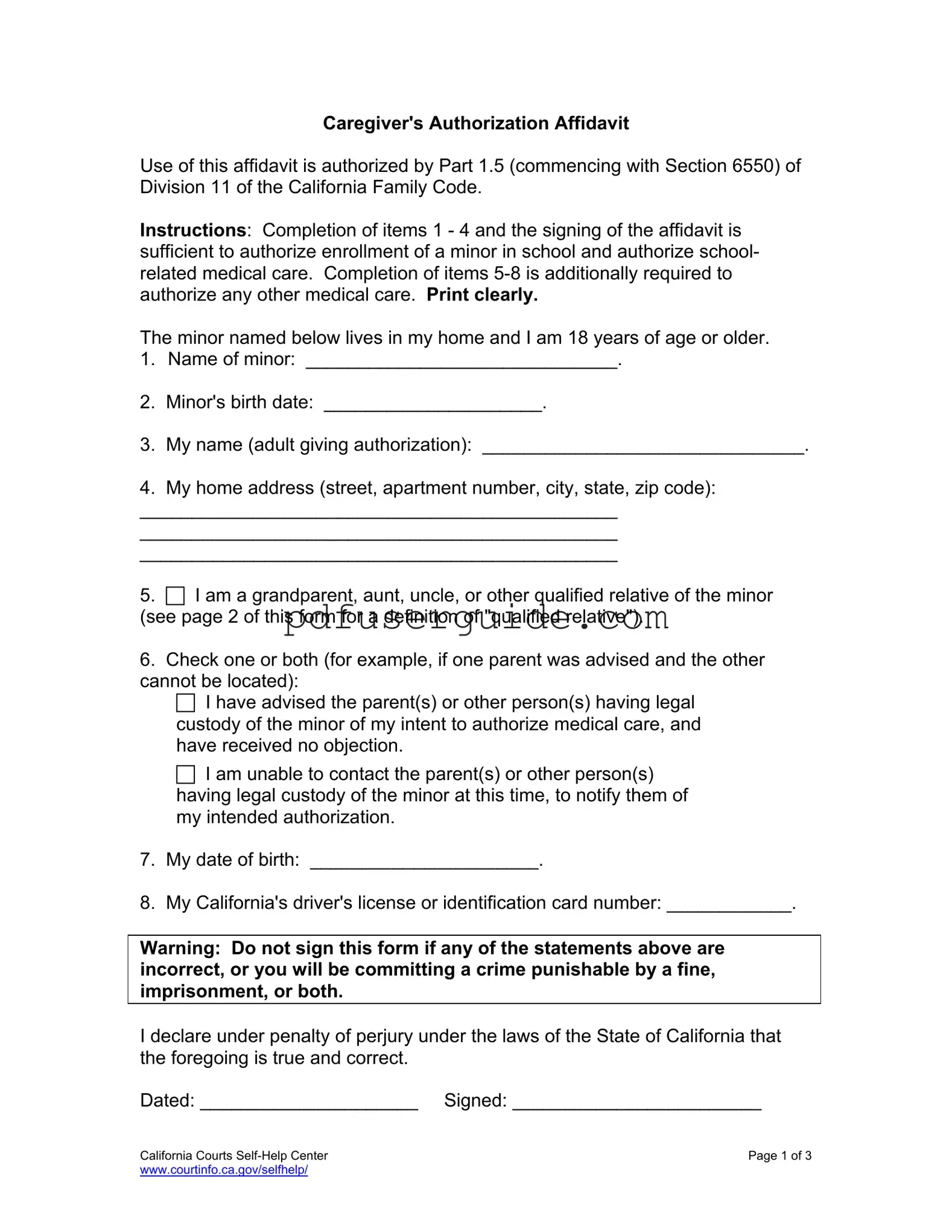 Free Caregivers Authorization Affidavit Form in PDF