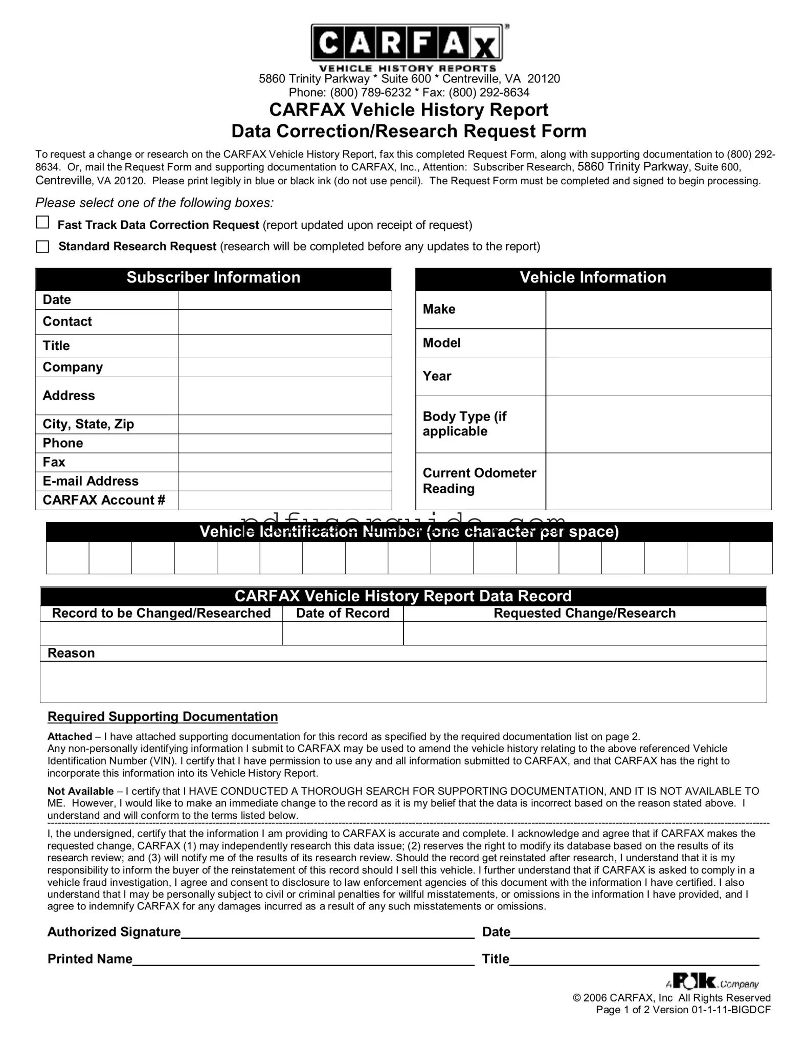 Free Carfax Form in PDF