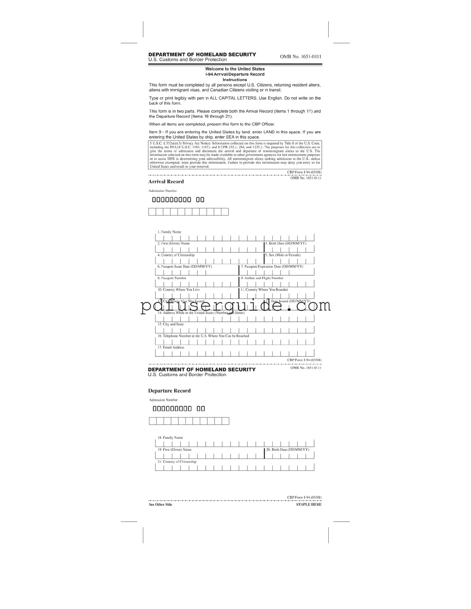 Free Cbp I 94 Form in PDF