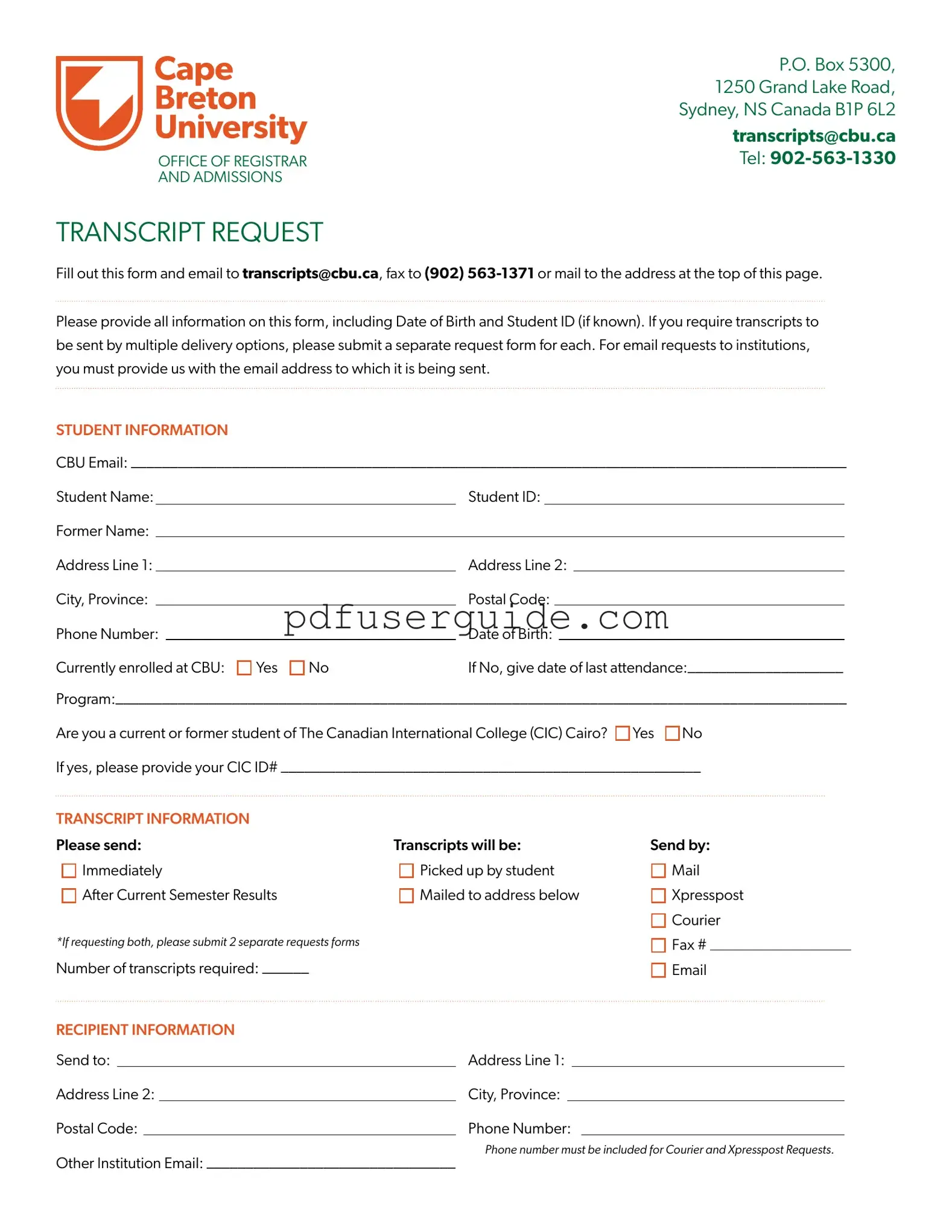 Free Cbu Transcript Request Form in PDF