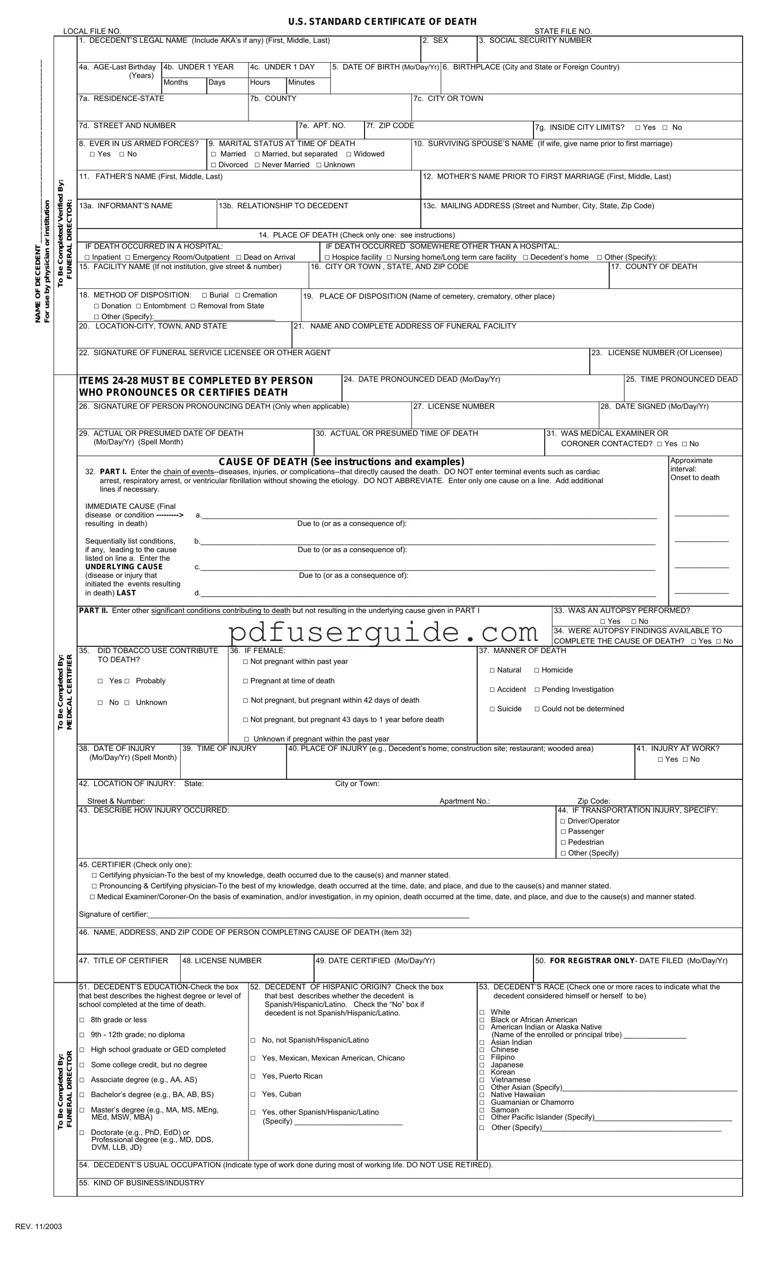 Free CDC U.S. Standard Certificate of Death Form in PDF
