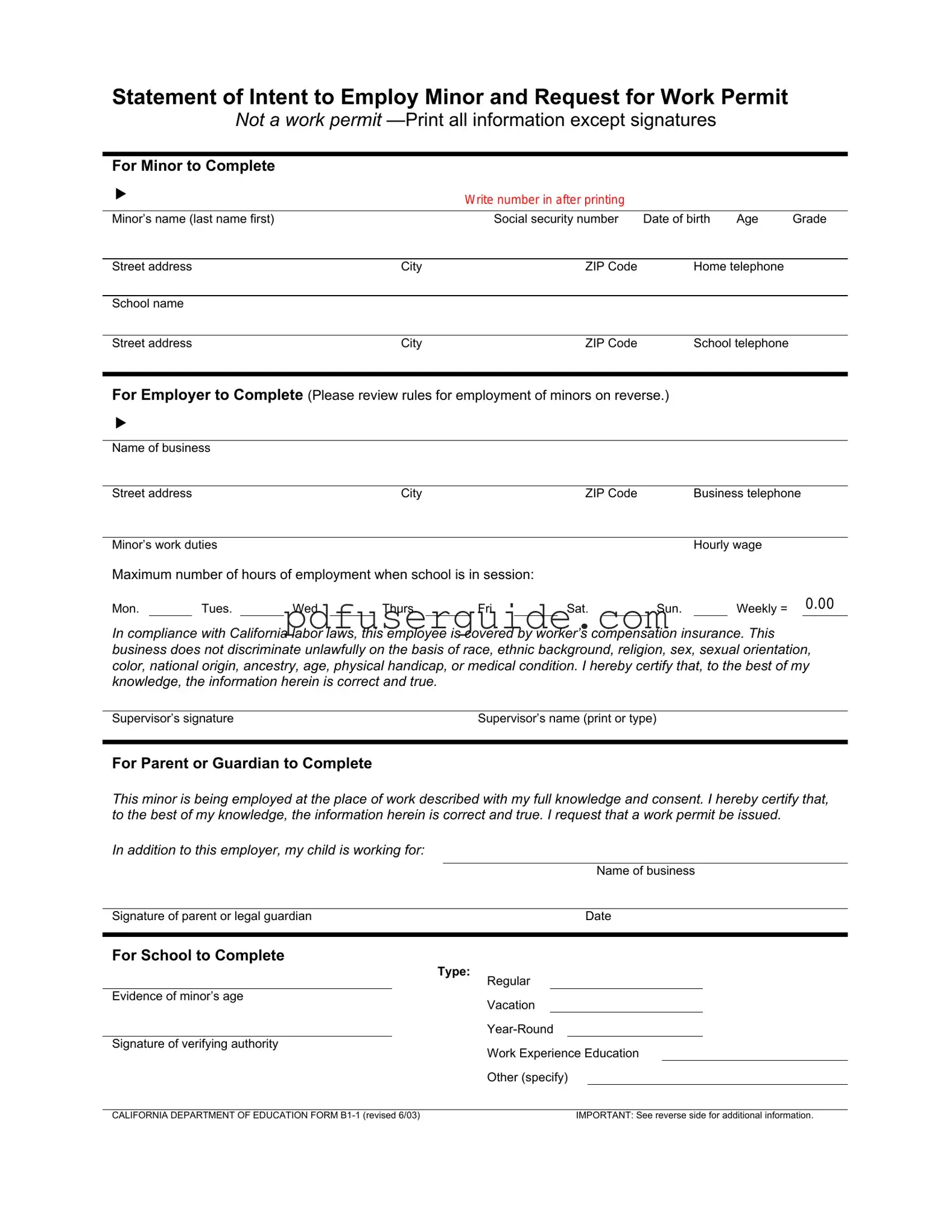 Free Statement of Intent to Employ Minor and Request for Work Permit Form in PDF