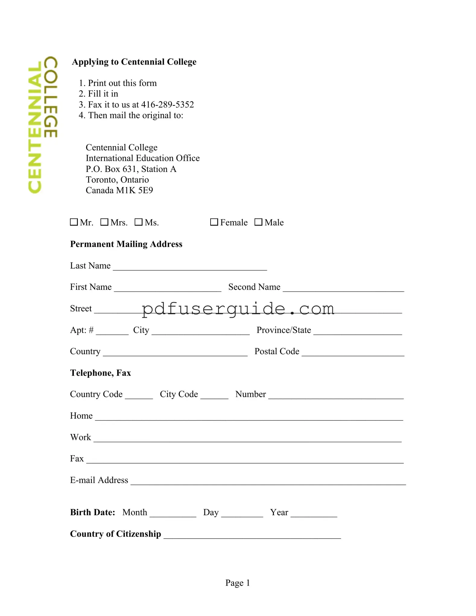 Free Centennial College Application Form in PDF