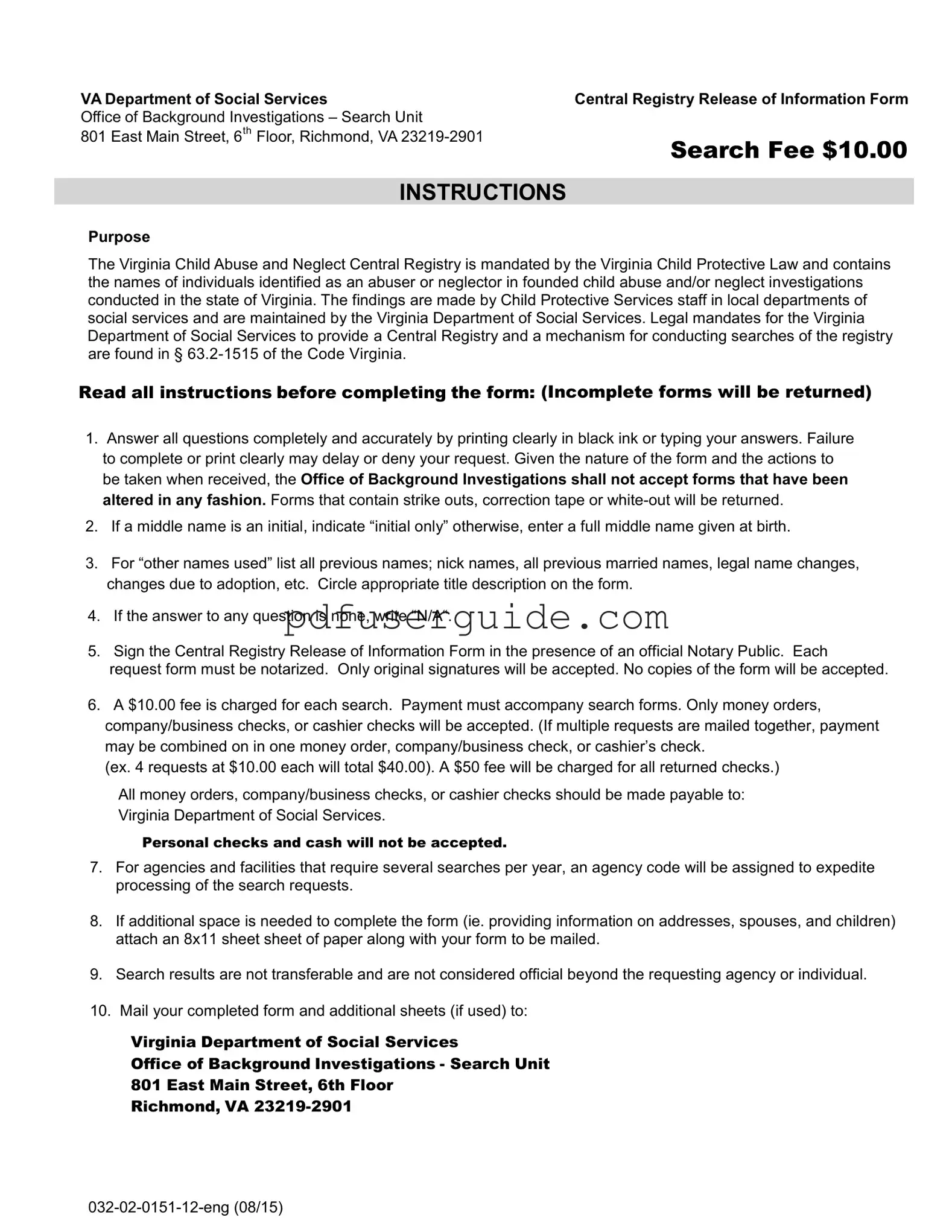 Free Central Registry Release Information Form in PDF