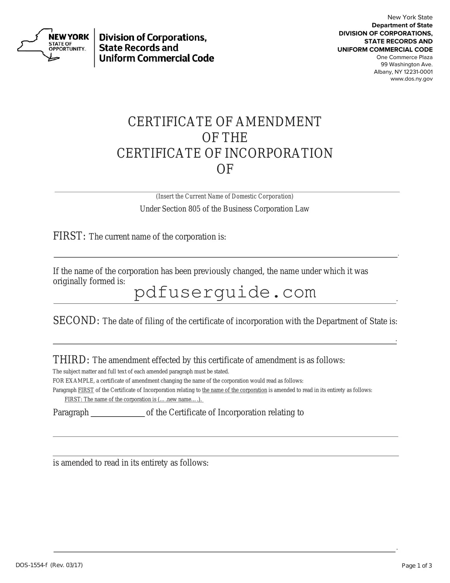 Free Certificate Of Amendment Nys Form in PDF