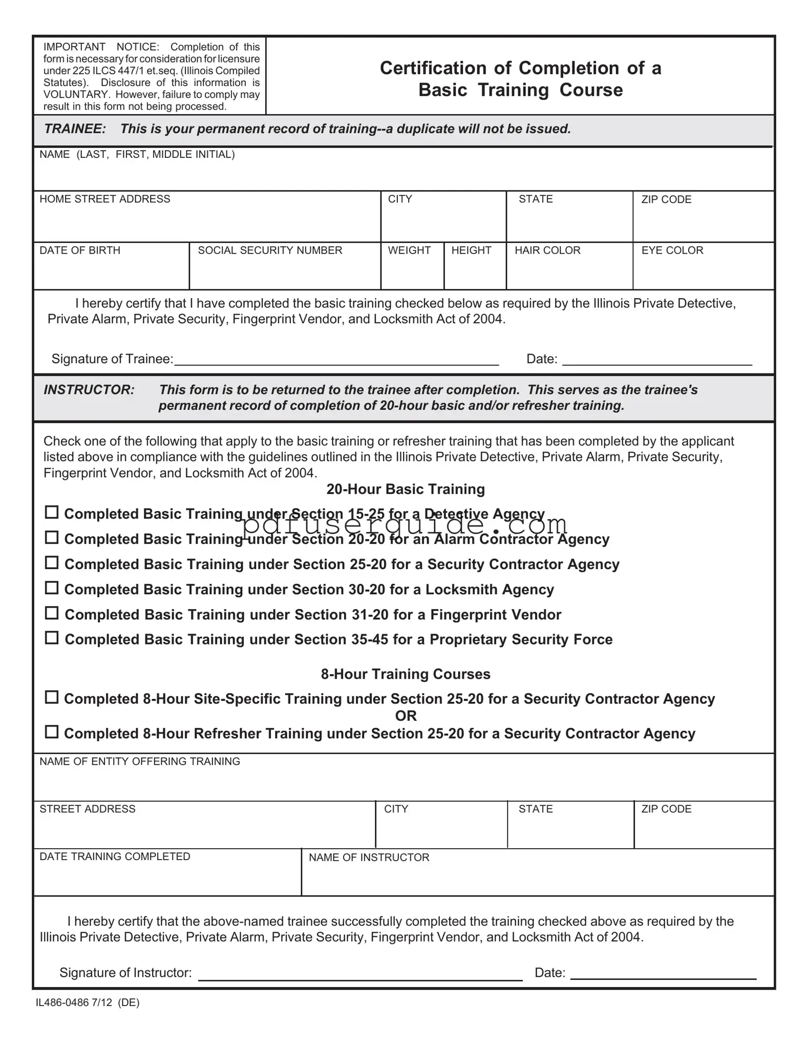 Free Certification Of Completion Basic Training Course Form in PDF