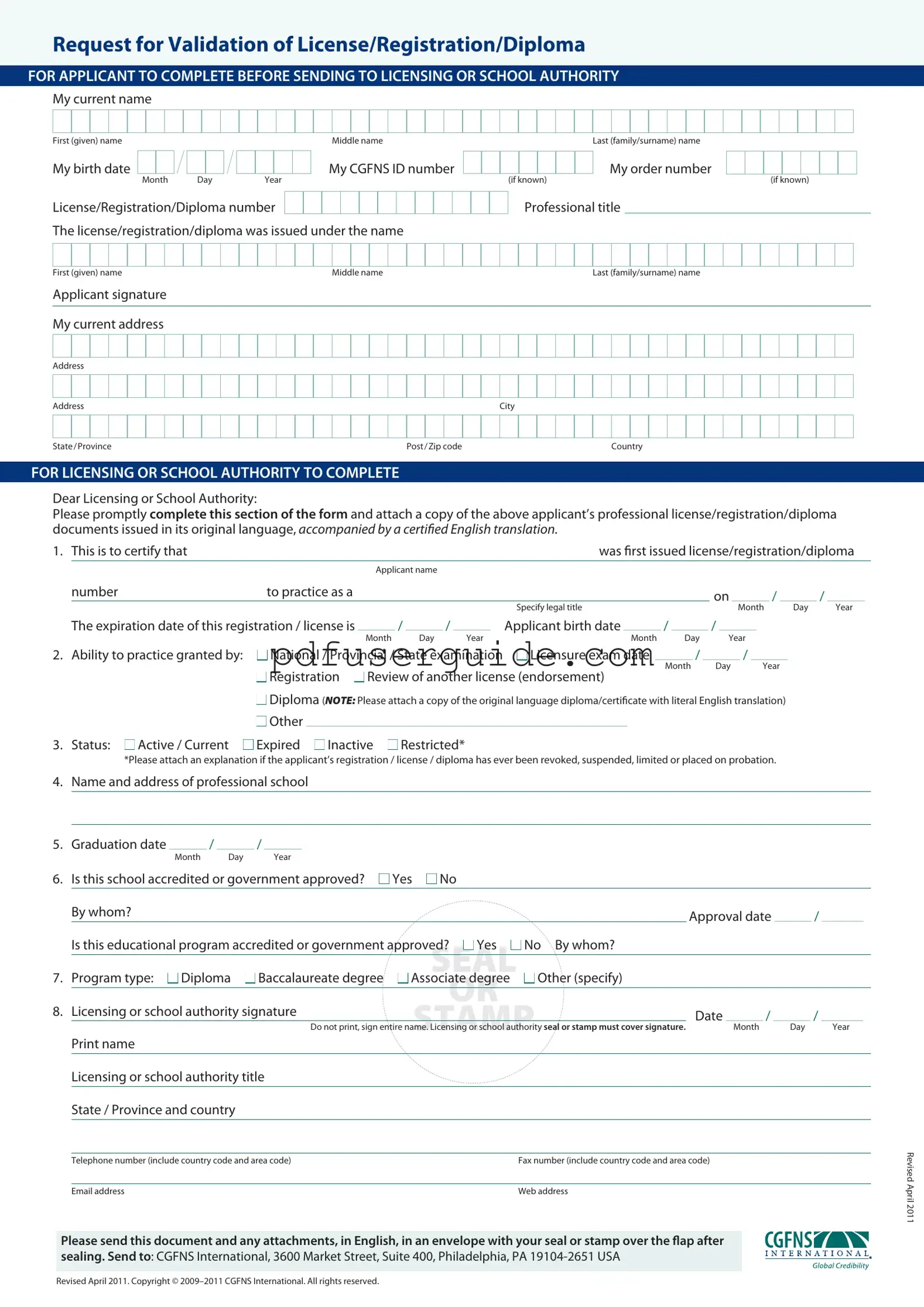 Free Cgfns Validation License Form in PDF