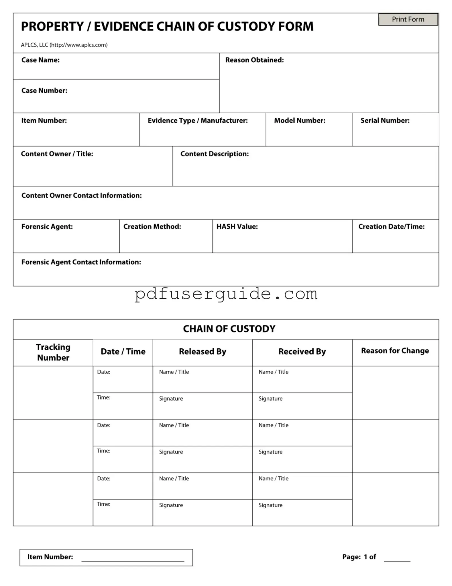 Free Chain Of Custody Form in PDF