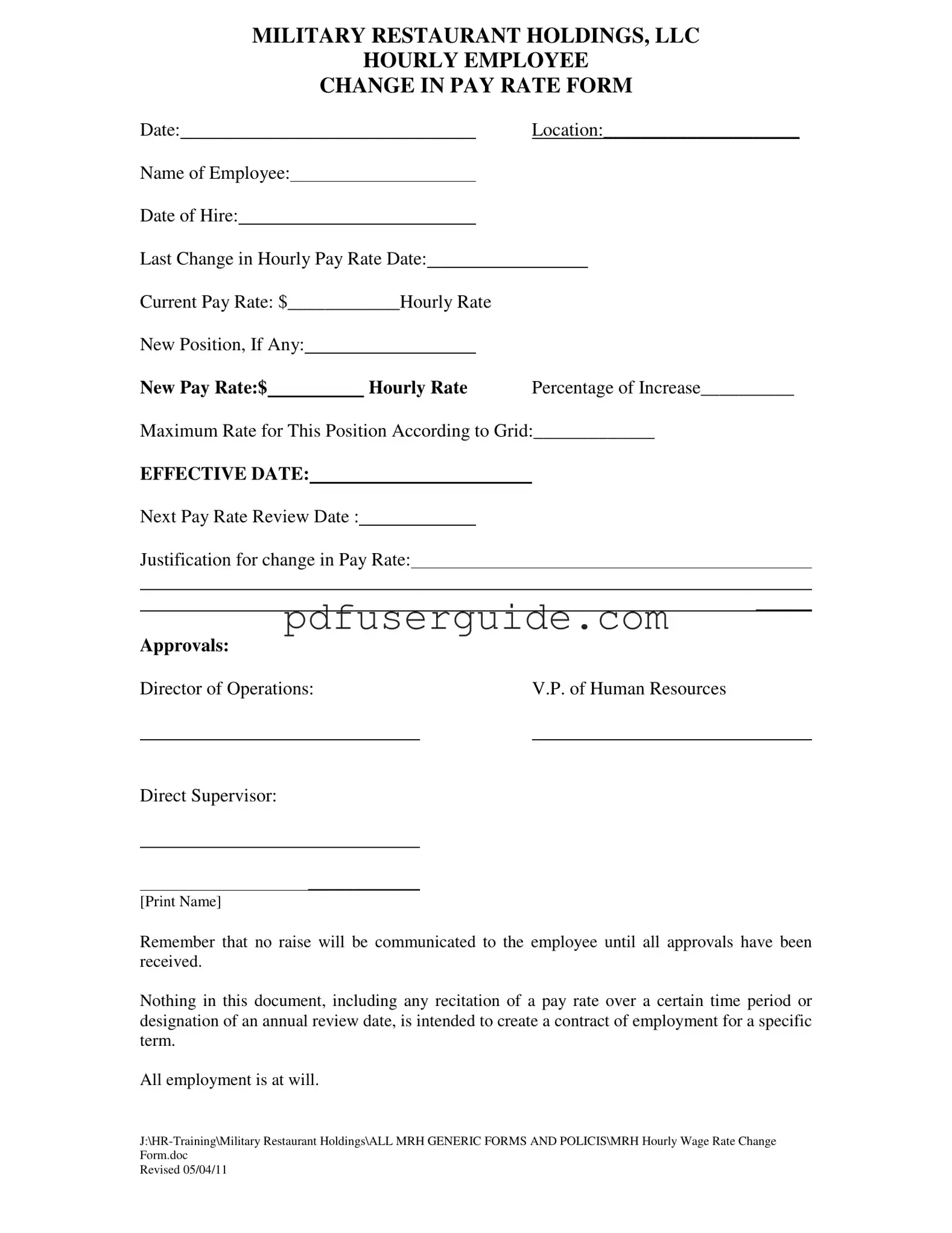 Free Change Pay Rate Form in PDF