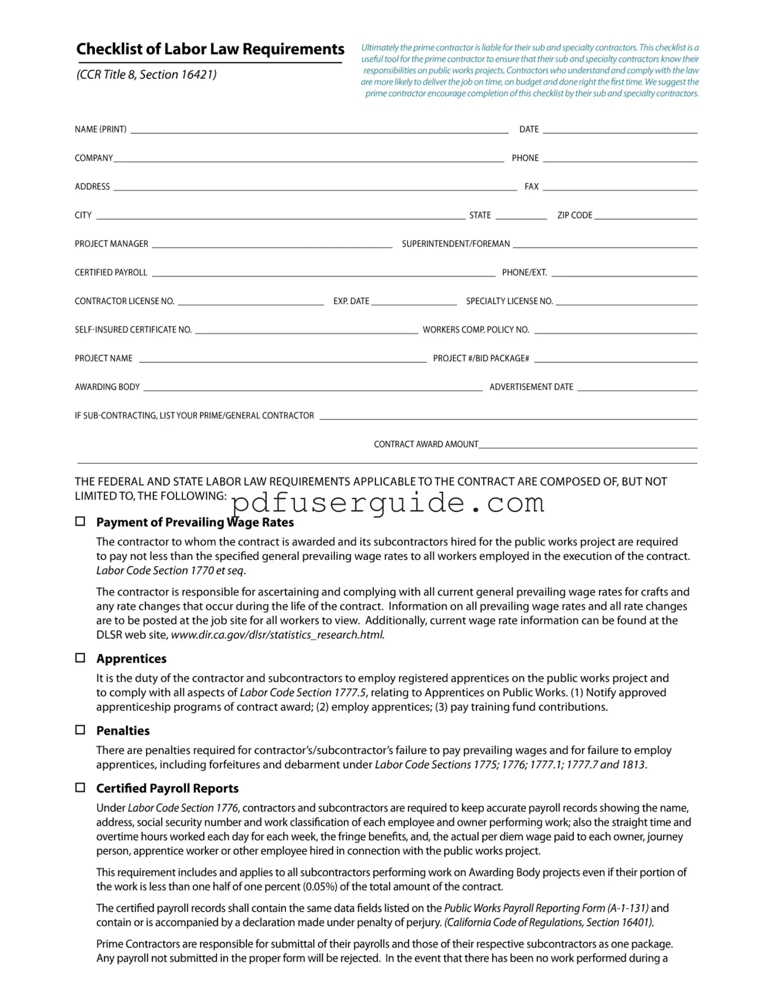 Free Checklist Labor Law Form in PDF