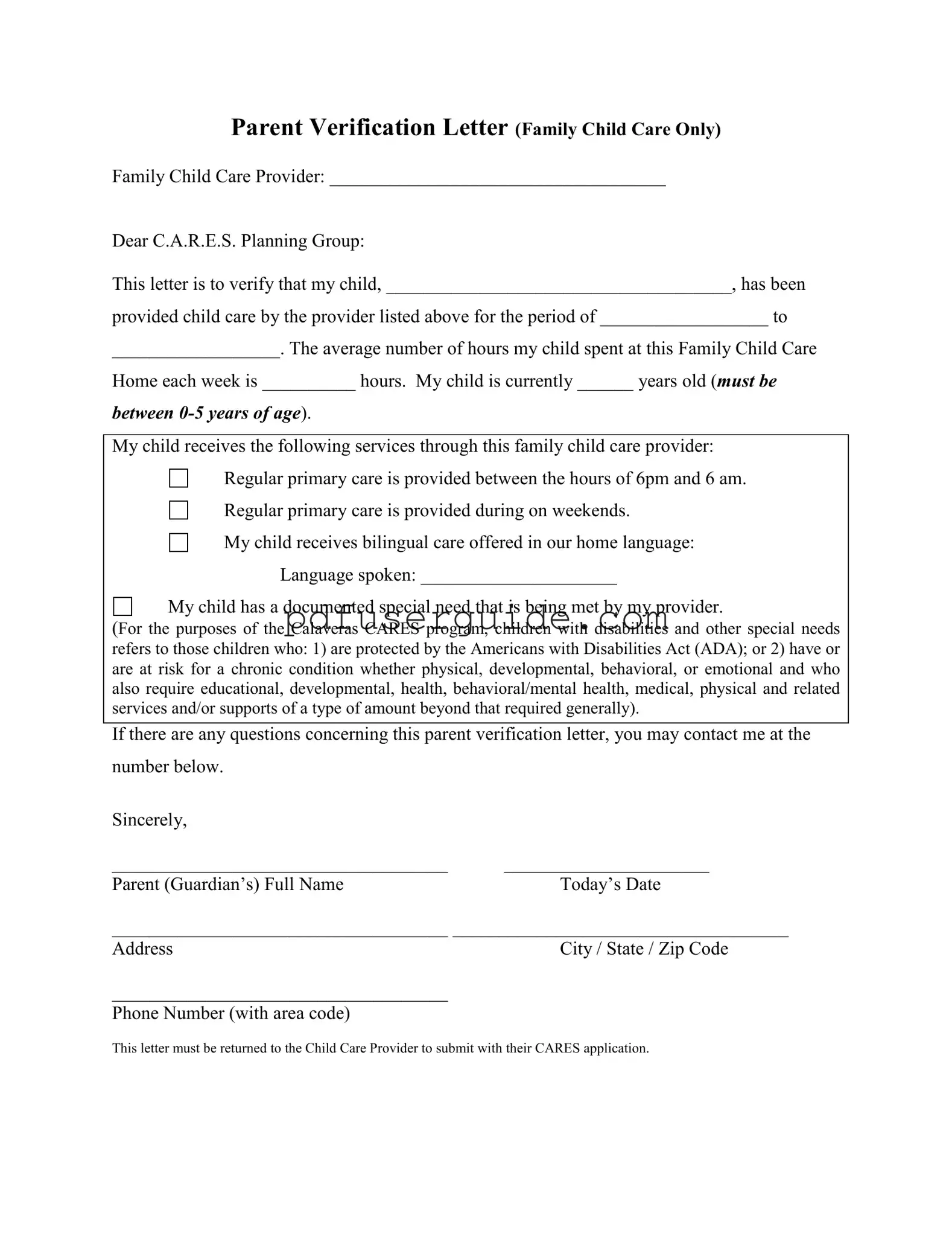 Free Child Care Payment Letter Form in PDF