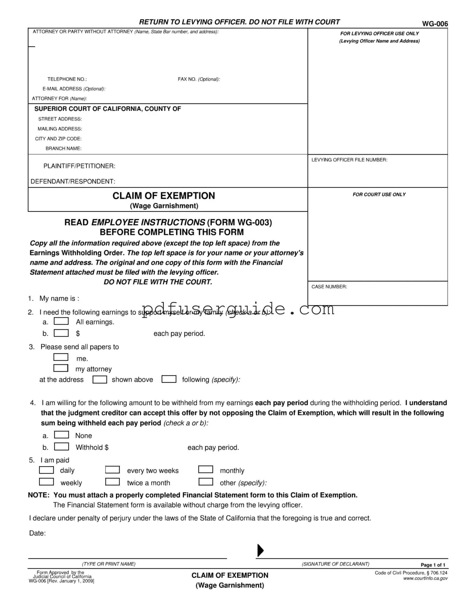 Free Claim Of Exemption Wg 006 Form in PDF