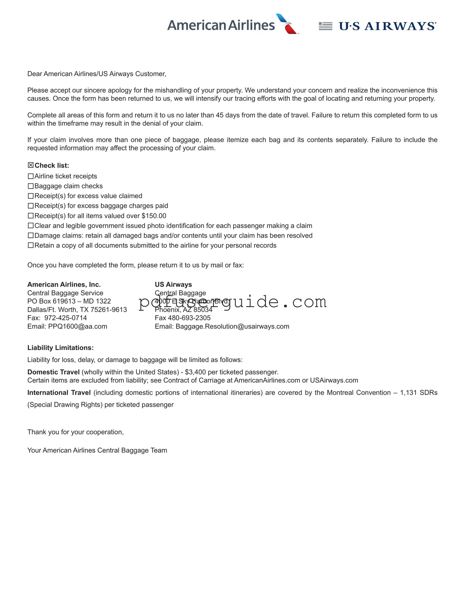 Free Claim Passenger Property Form in PDF