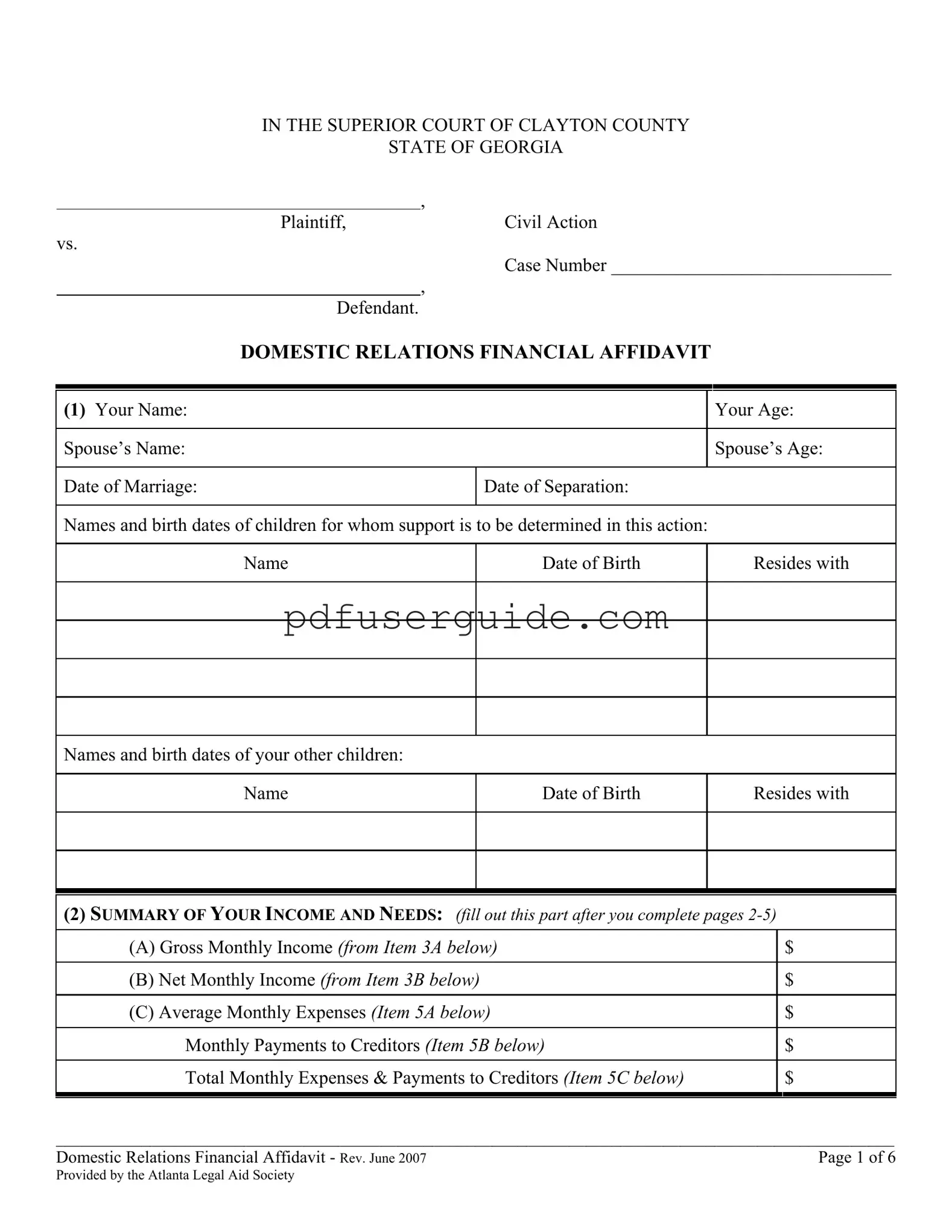 Free Clayton County Financial Form in PDF