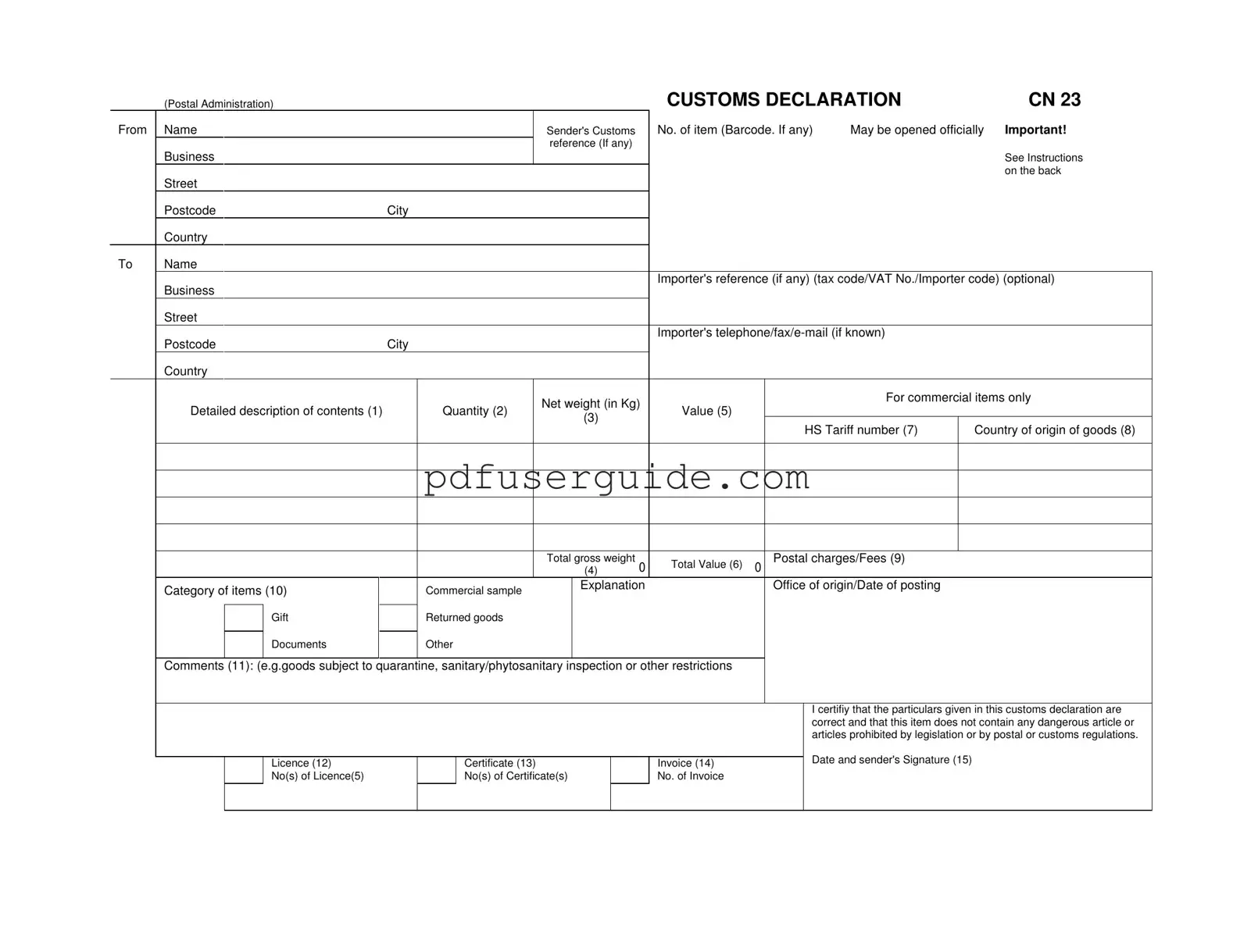 Free Cn 23 Customs Declaration Form in PDF