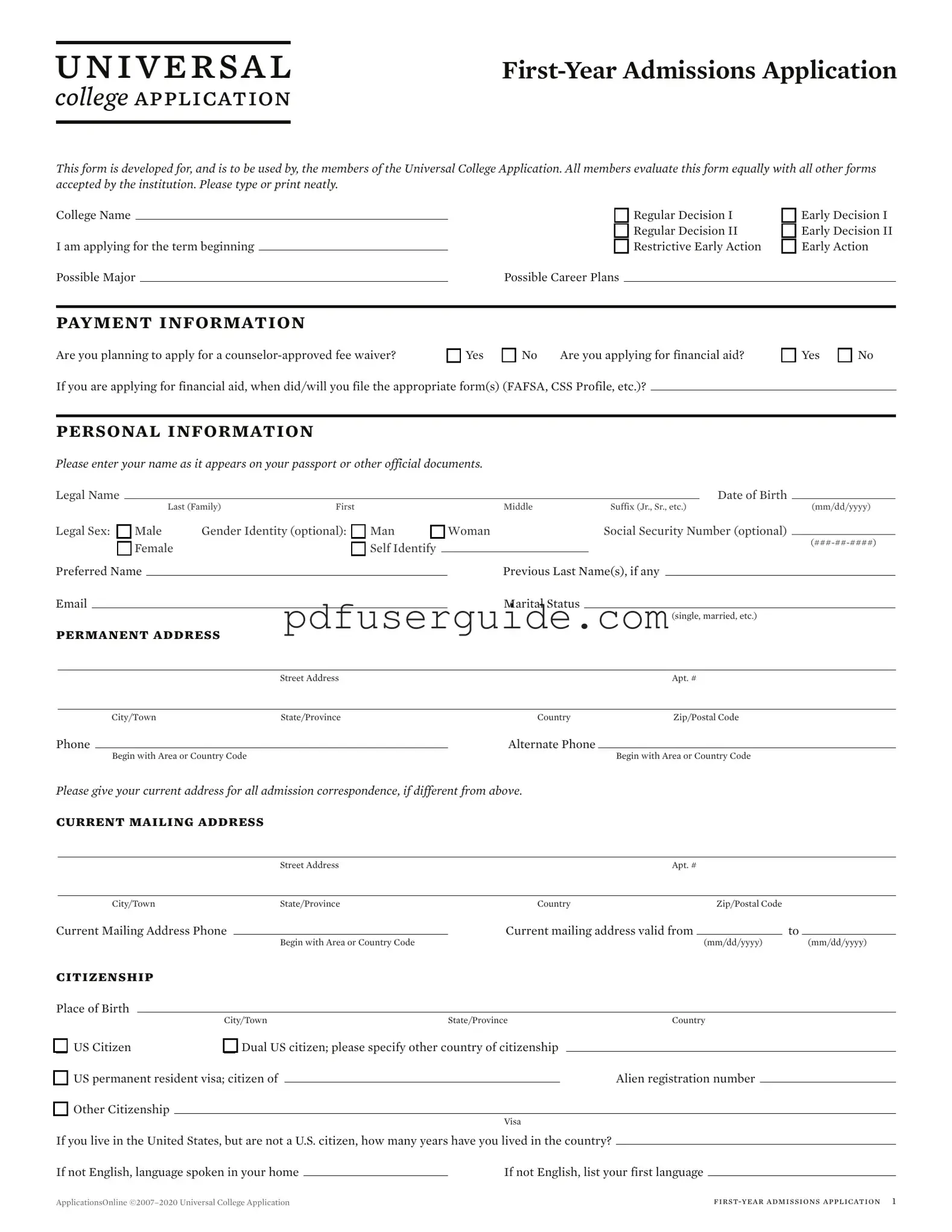 Free Colleges Application Form in PDF