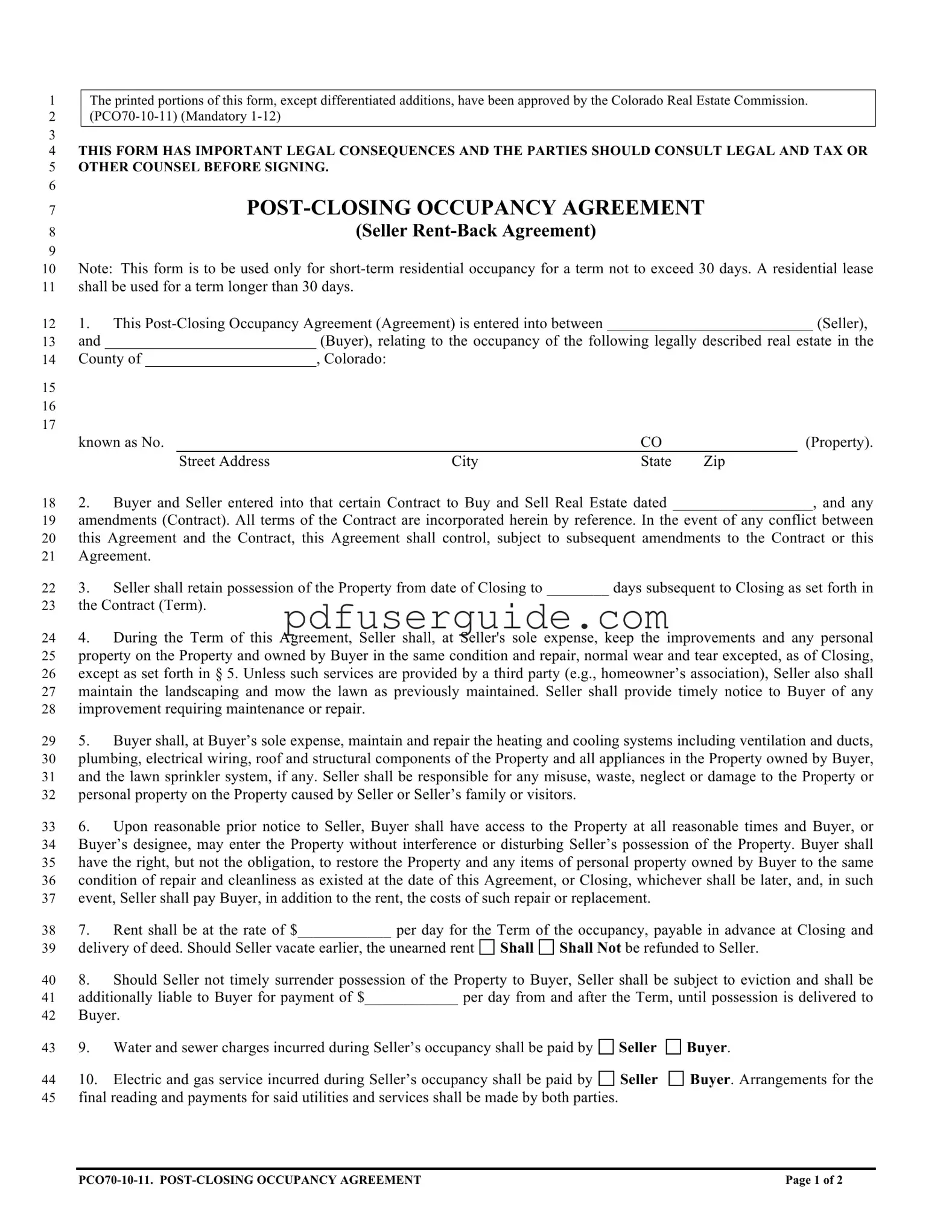 Free Colorado Post Closing Occupancy Agreement Form in PDF