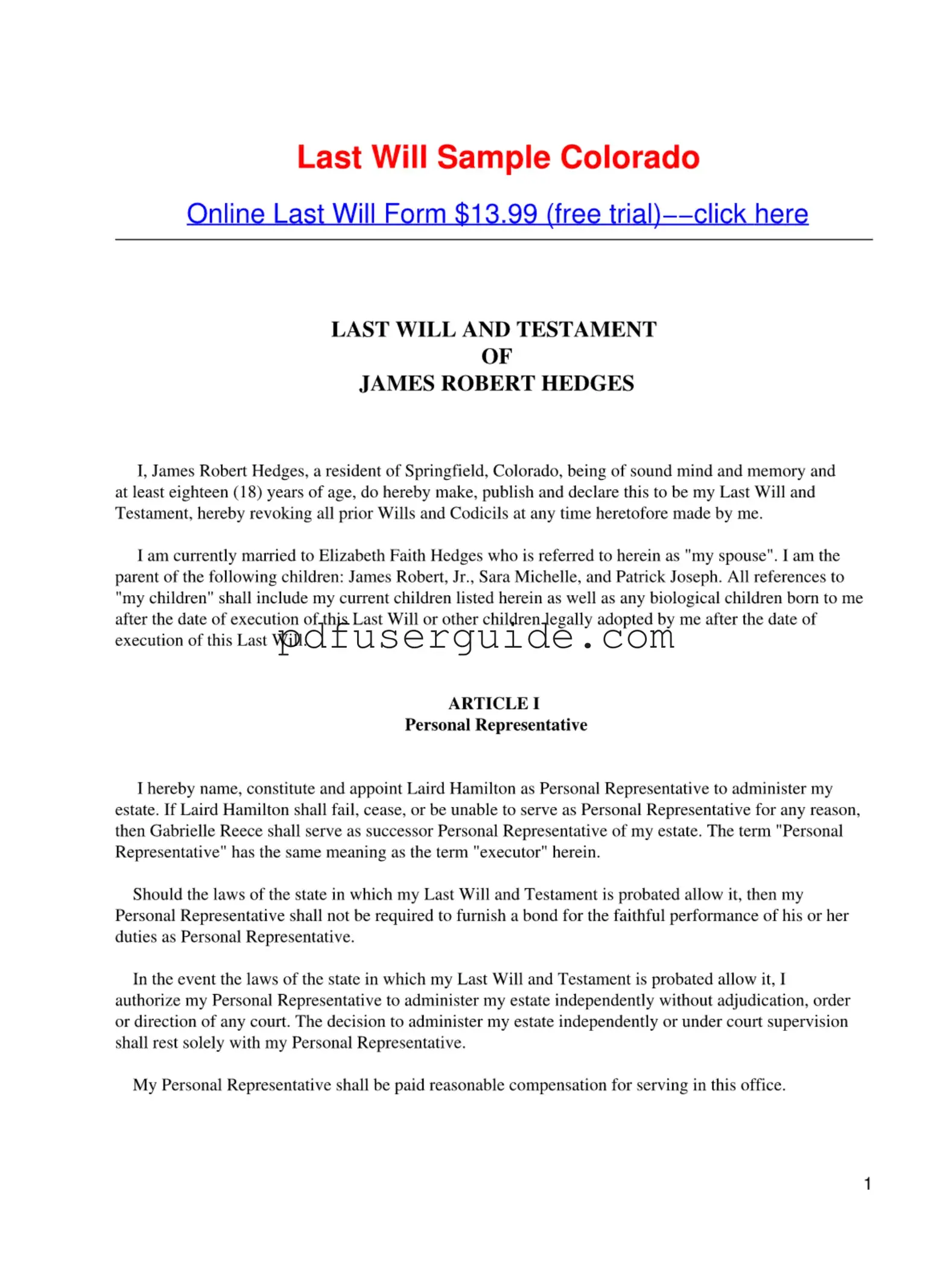 Free Colorado Will Form in PDF