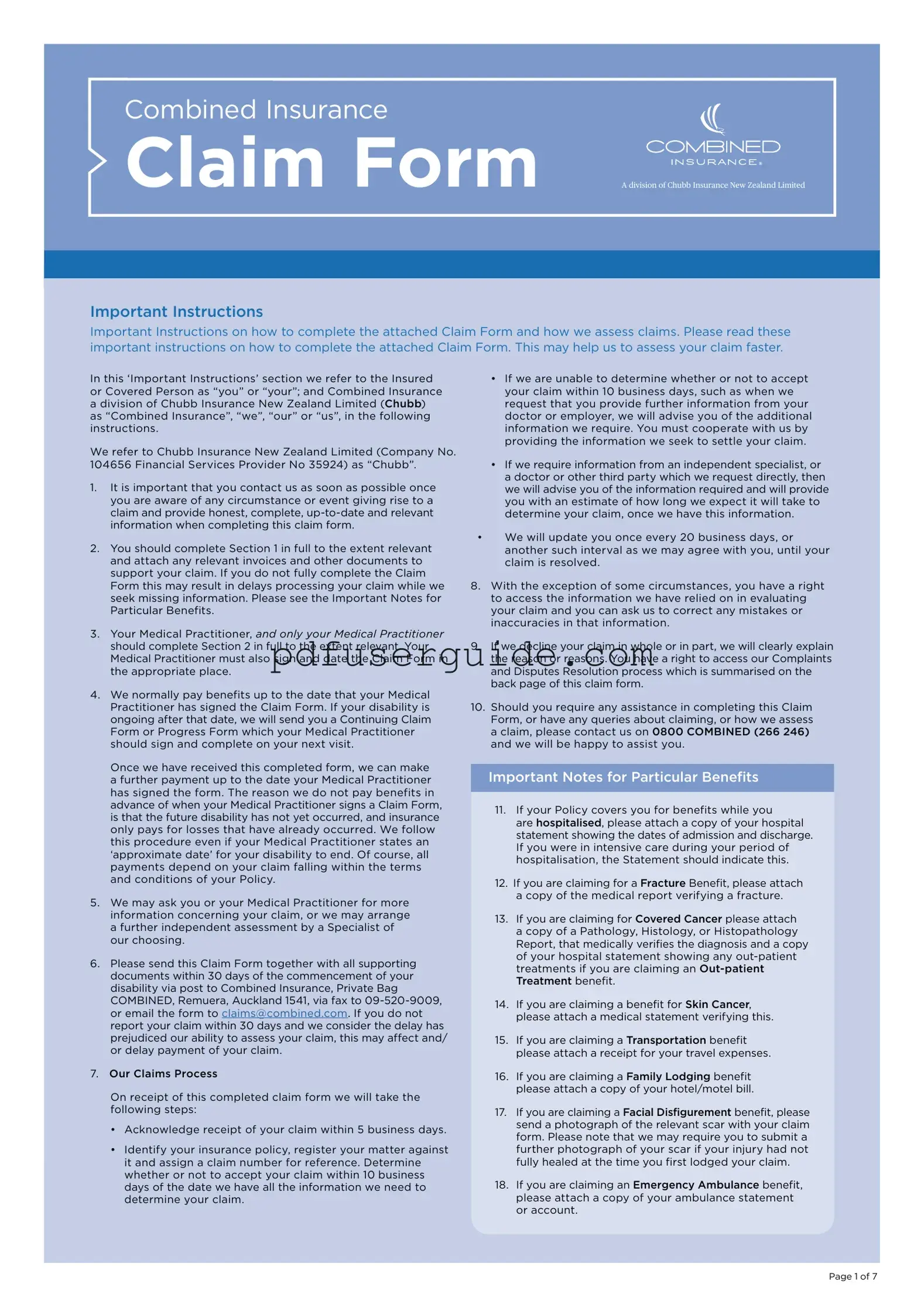 Free Combined Insurance Claim Form in PDF