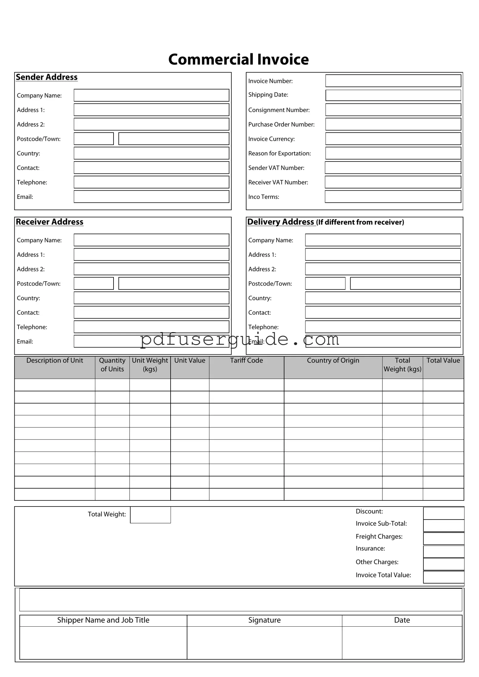 Free Commercial Invoice Form in PDF