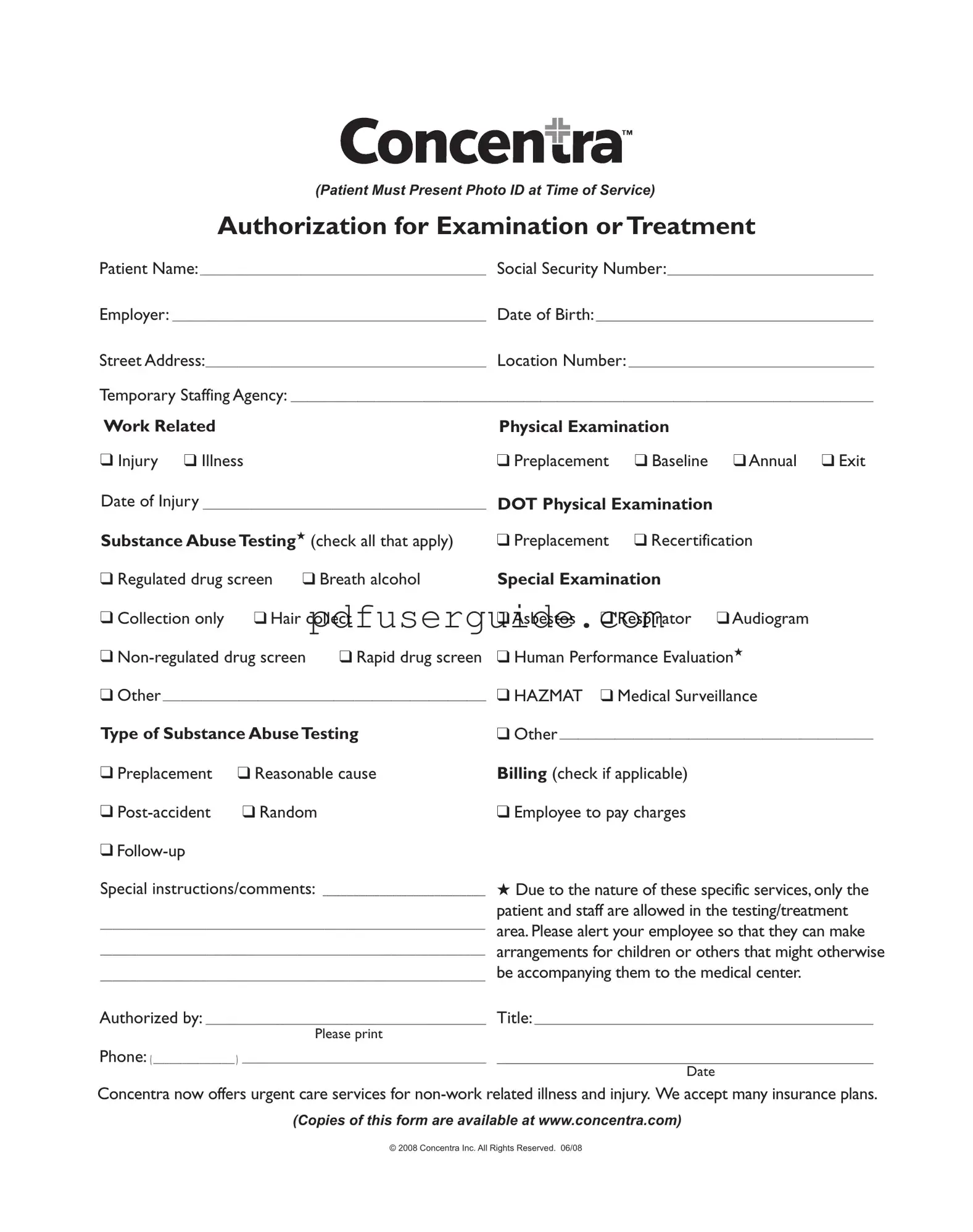 Free Concentra Authorization Form in PDF