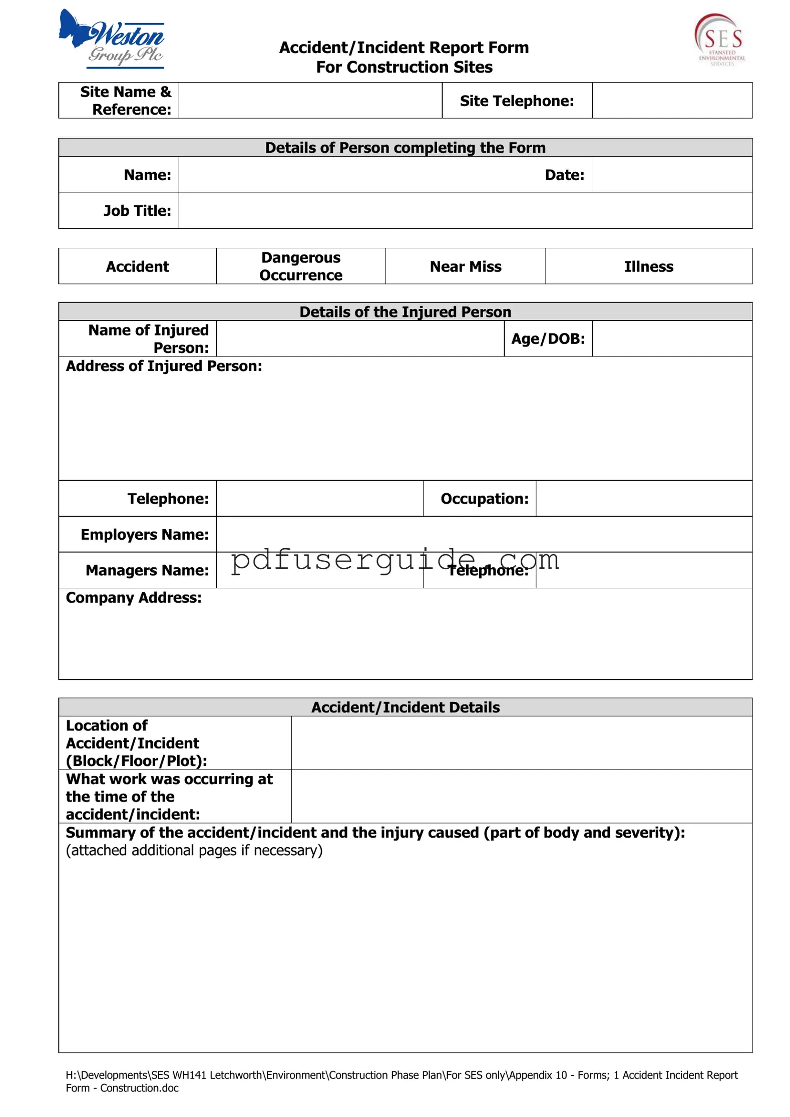 Free Construction Accident Report Form in PDF