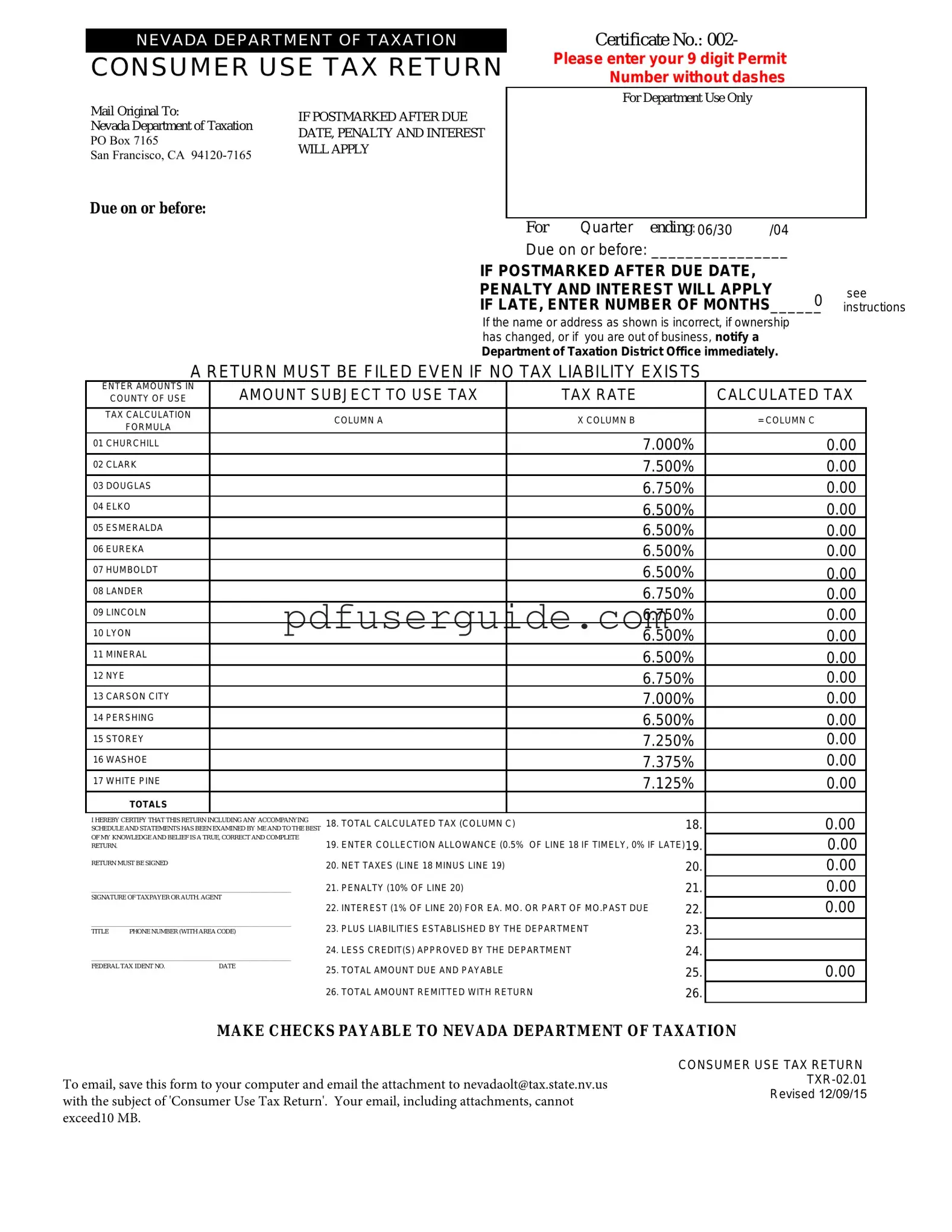 Free Consumer Use Tax Return Nevada Form in PDF