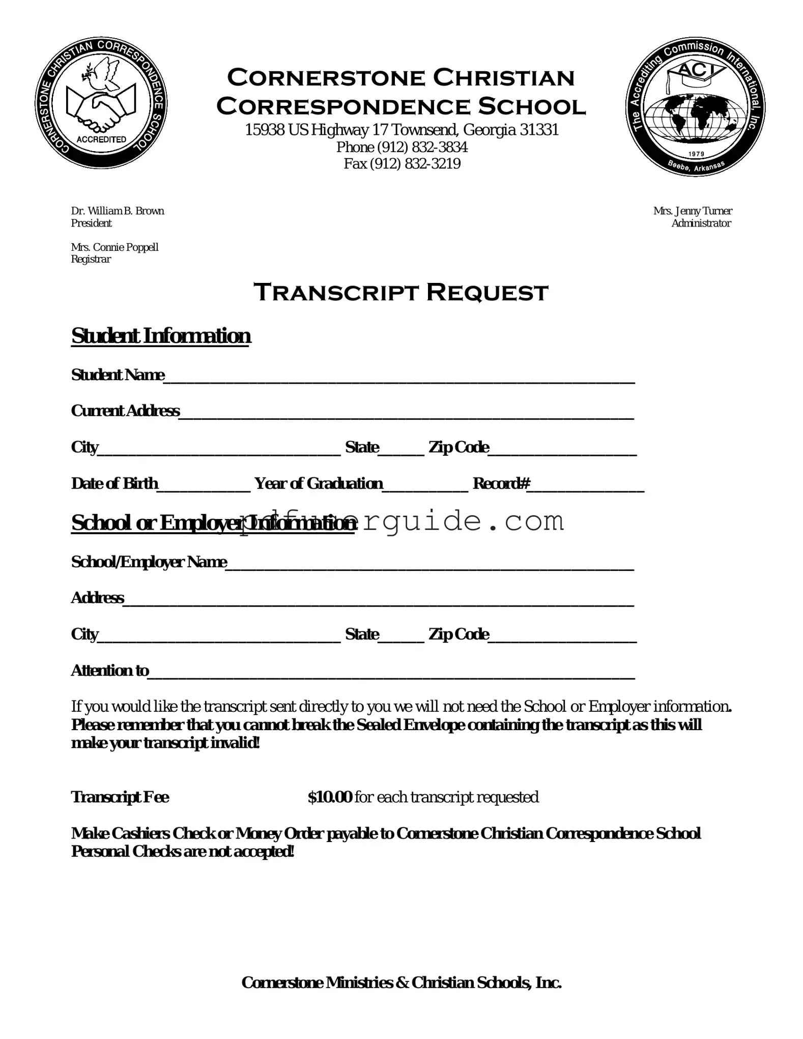 Free Cornerstone Christian Correspondence School Transcript Form in PDF