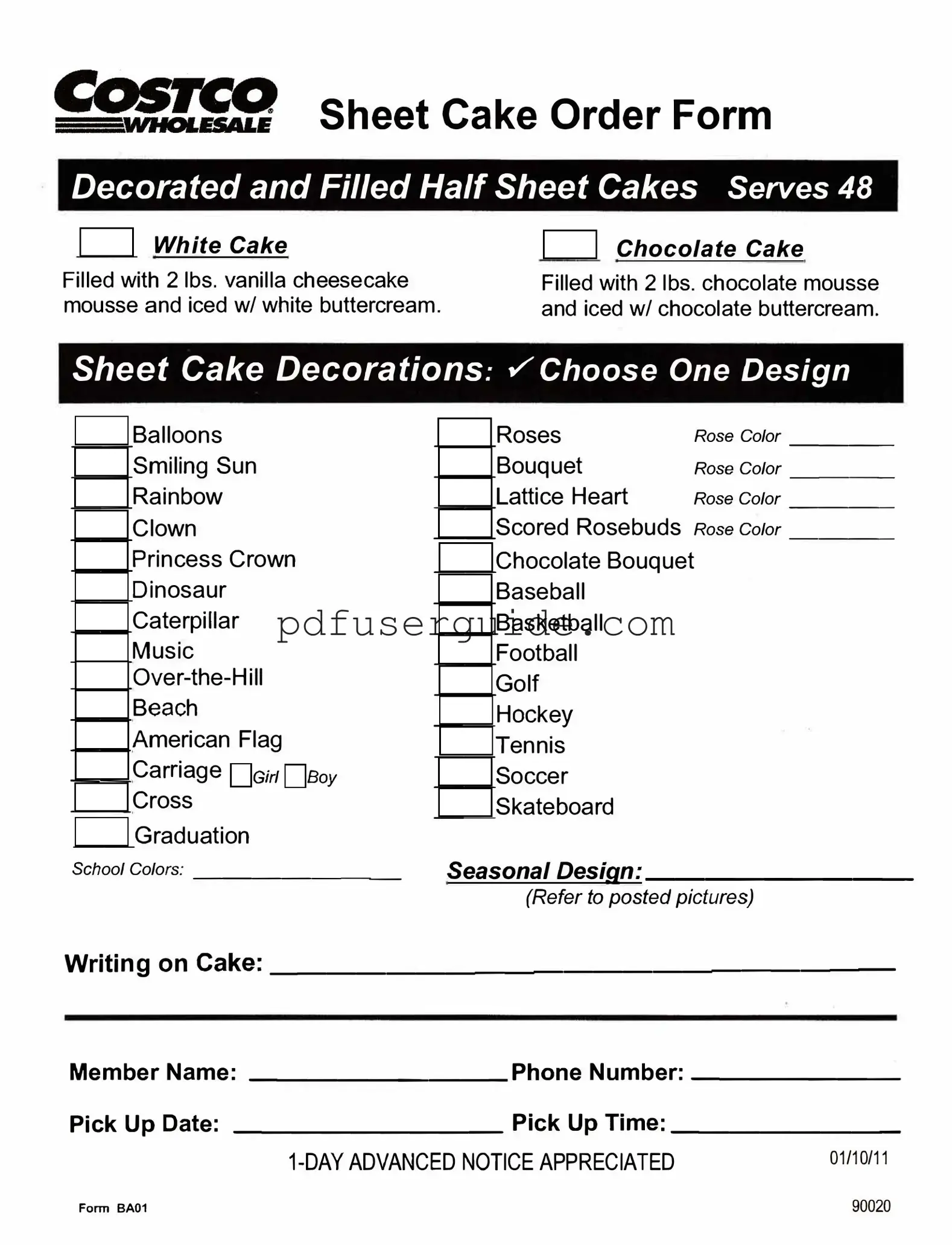 Free Costco cake order form Form in PDF