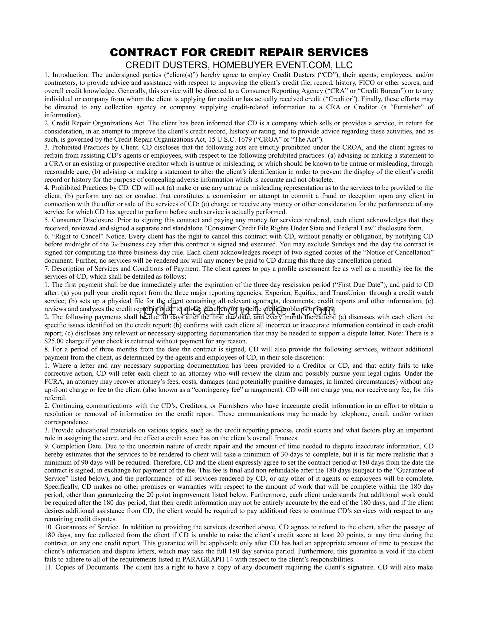 Free Credit Repair Contract Form in PDF
