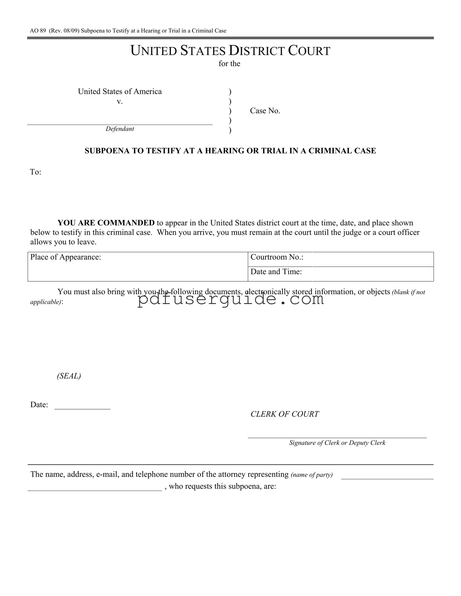Free Criminal Subpoena Form in PDF