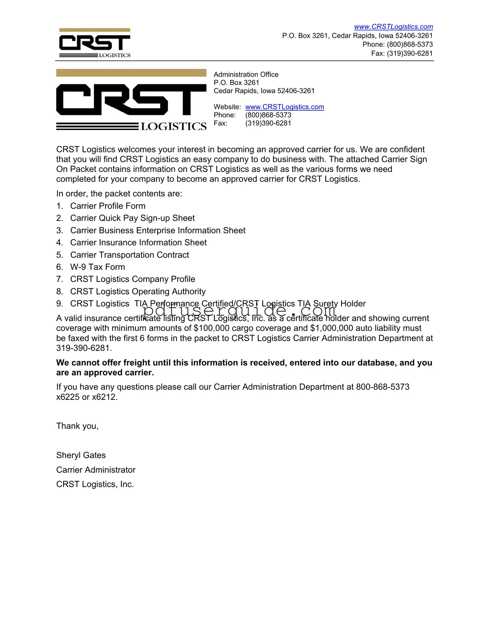 Free Crst Logistics Carrier Packet Form in PDF