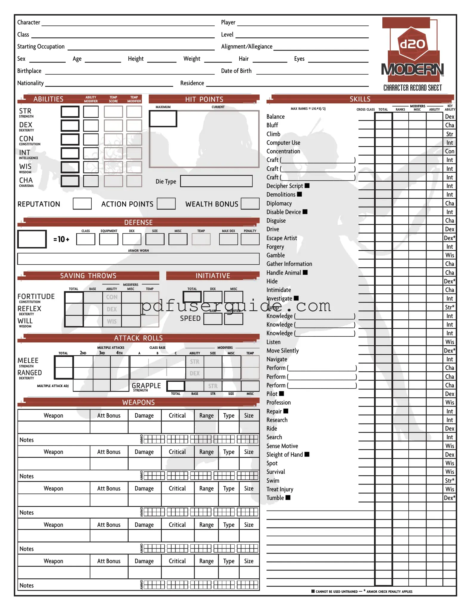 Free D20 Modern Sheet Form in PDF