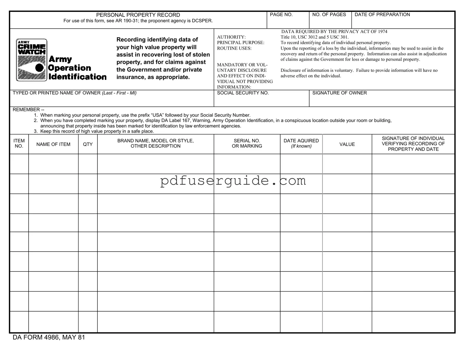 Free Da 4986 Form in PDF