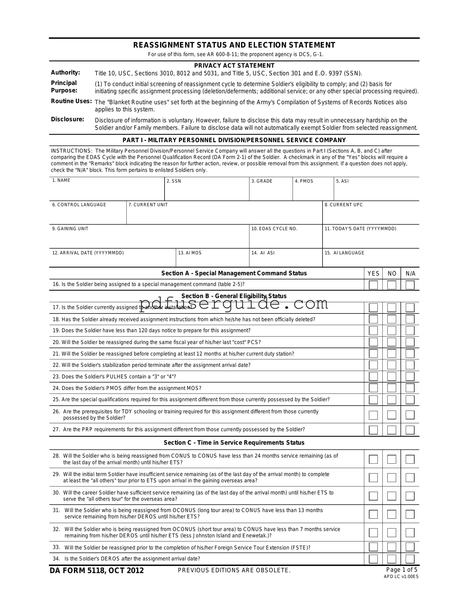 Free Da 5118 Form in PDF