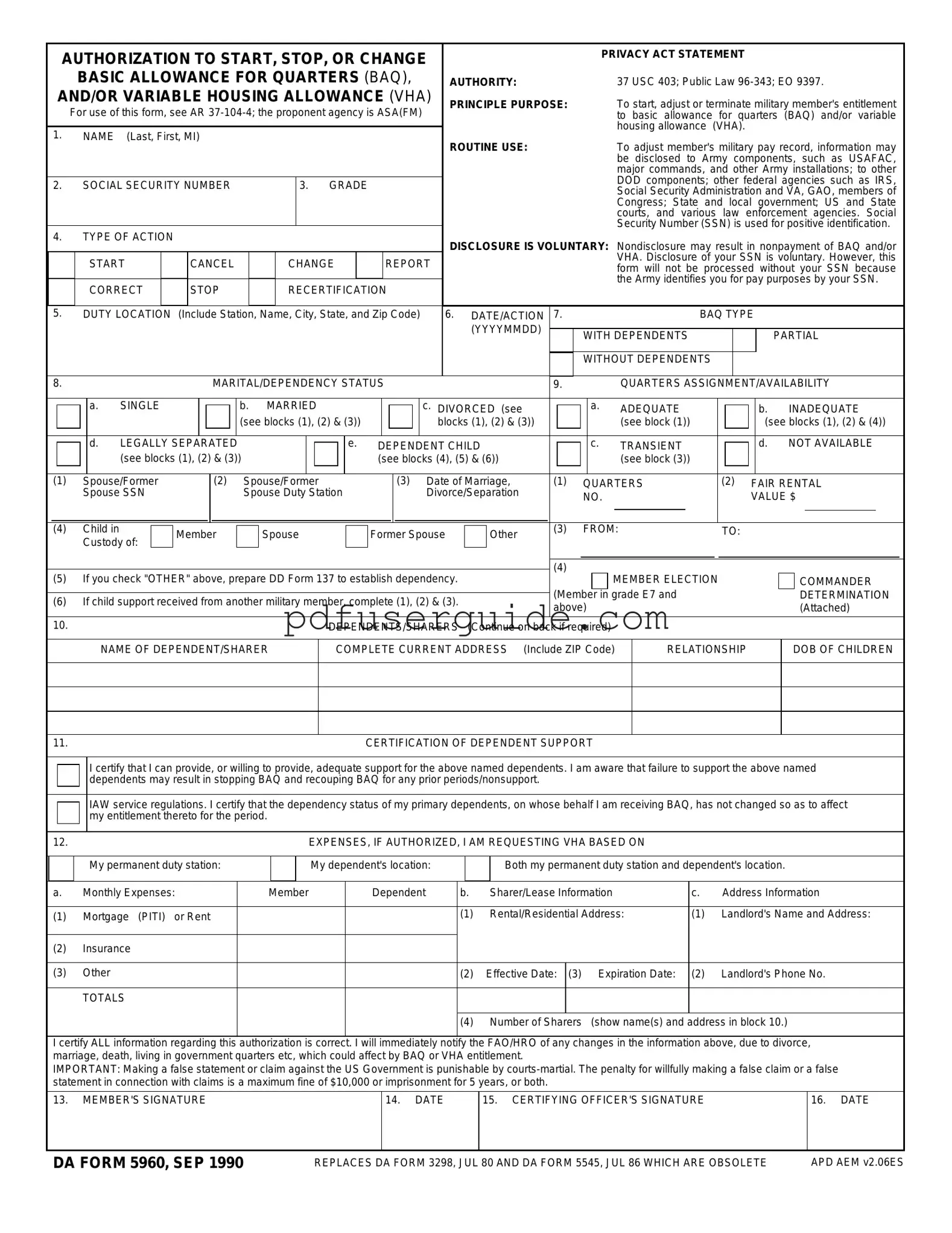 Free DA 5960 Form in PDF