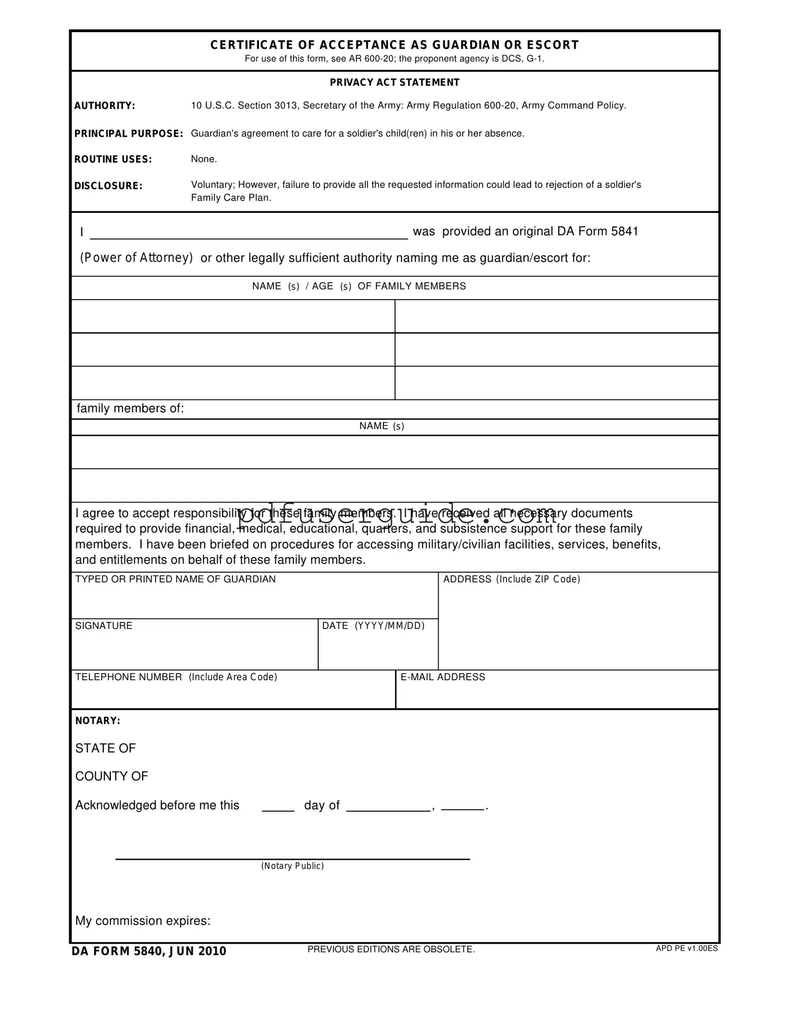 Free Da 5840 Form in PDF