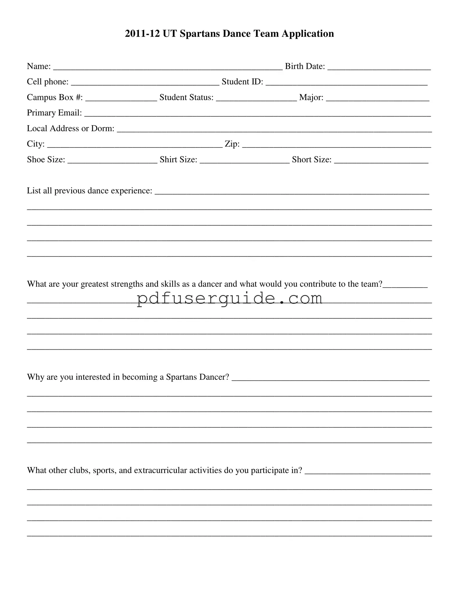 Free Dance Application Form in PDF