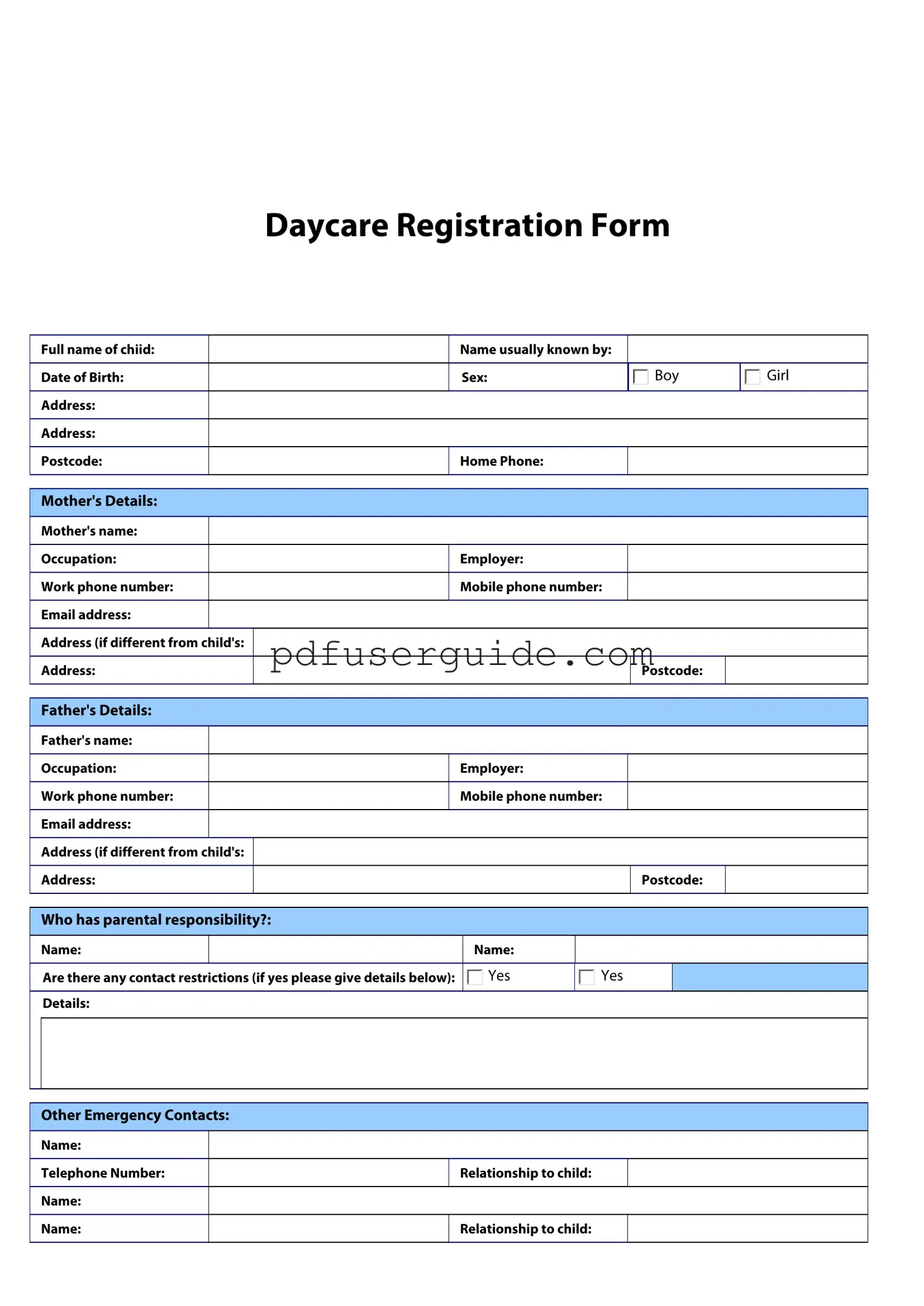 Free Daycare Registration Form in PDF
