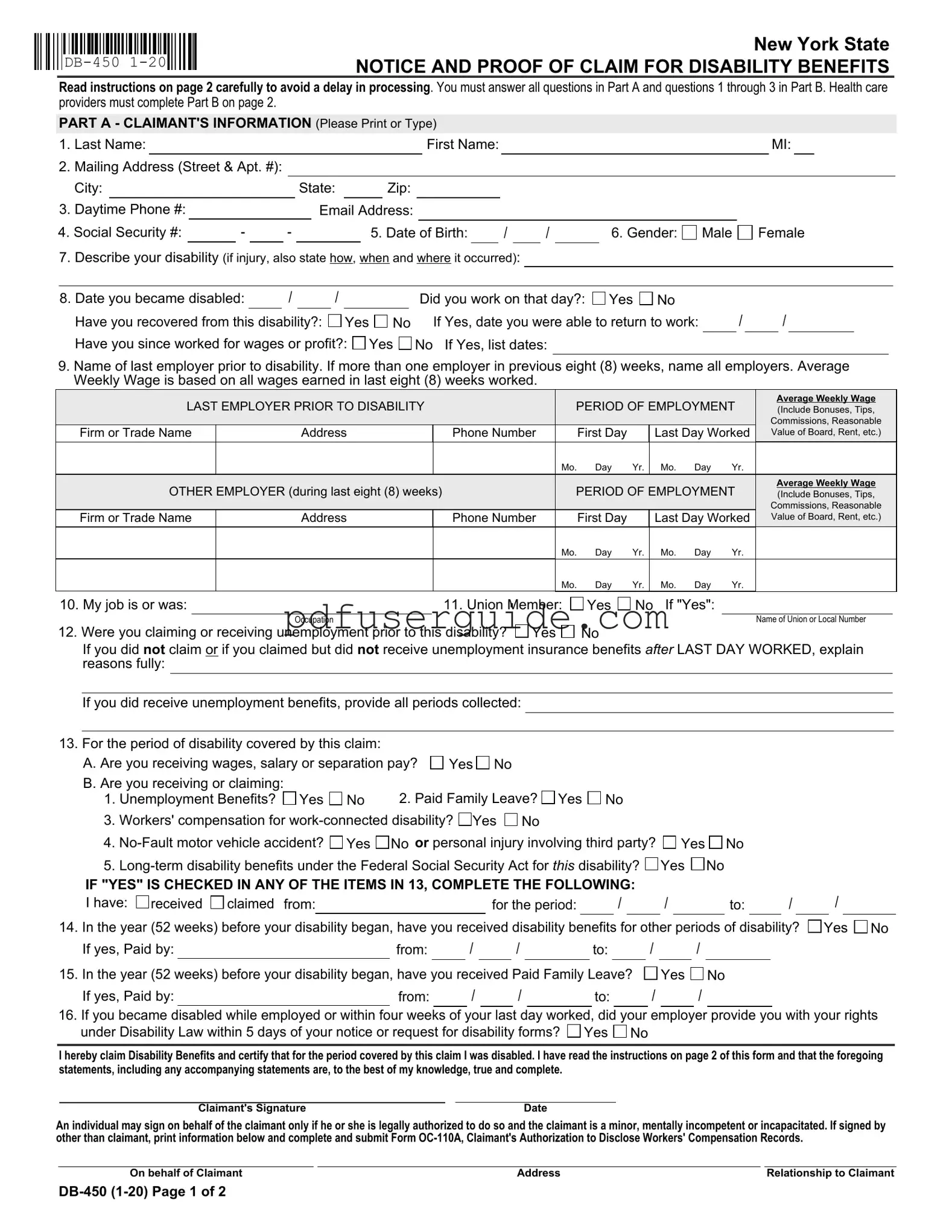 Free Db 450 Disability Form in PDF
