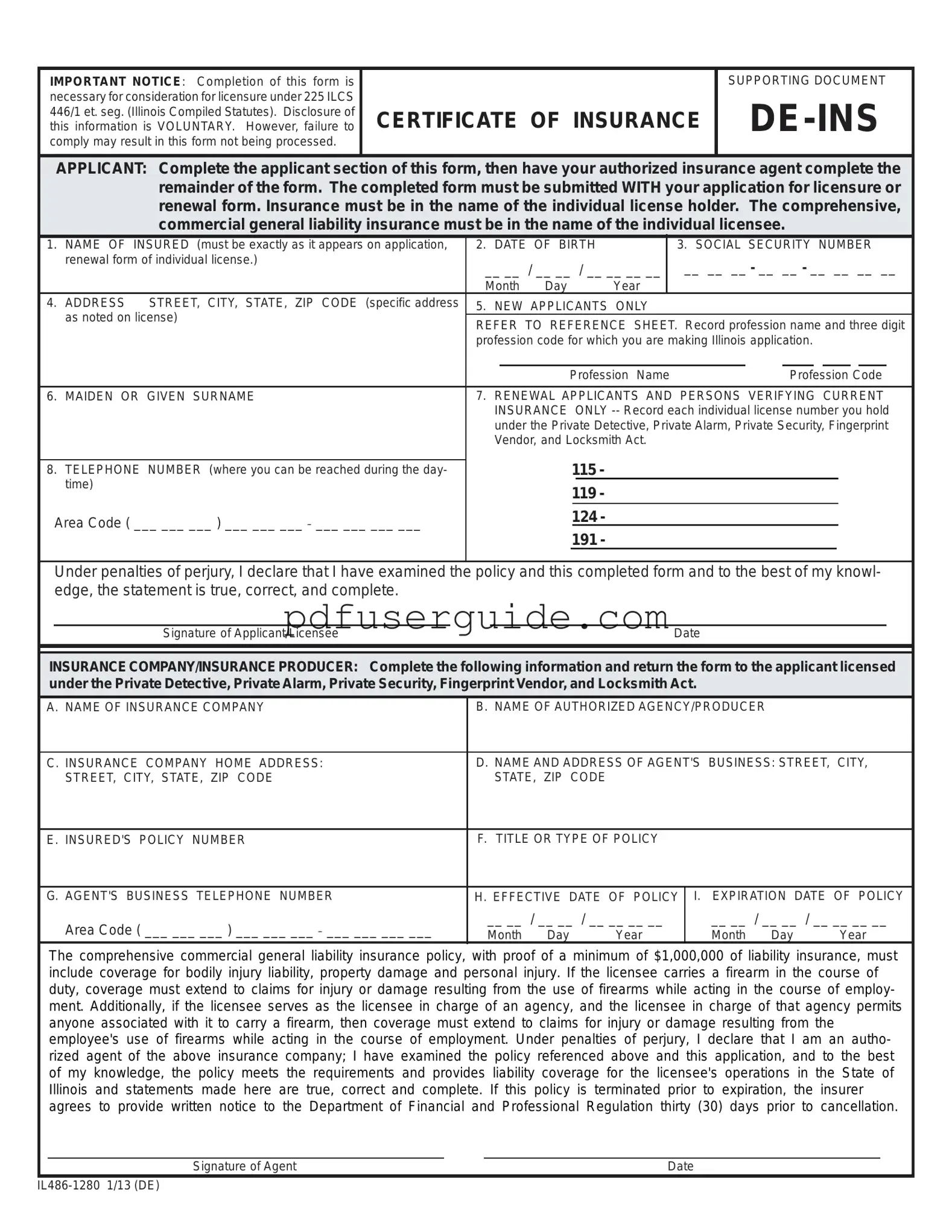 Free De Ins Illinois Form in PDF