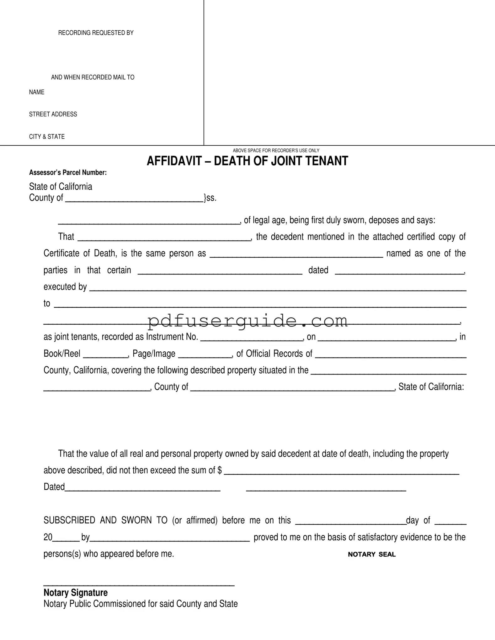 Free Death Of Joint Tenant Form in PDF