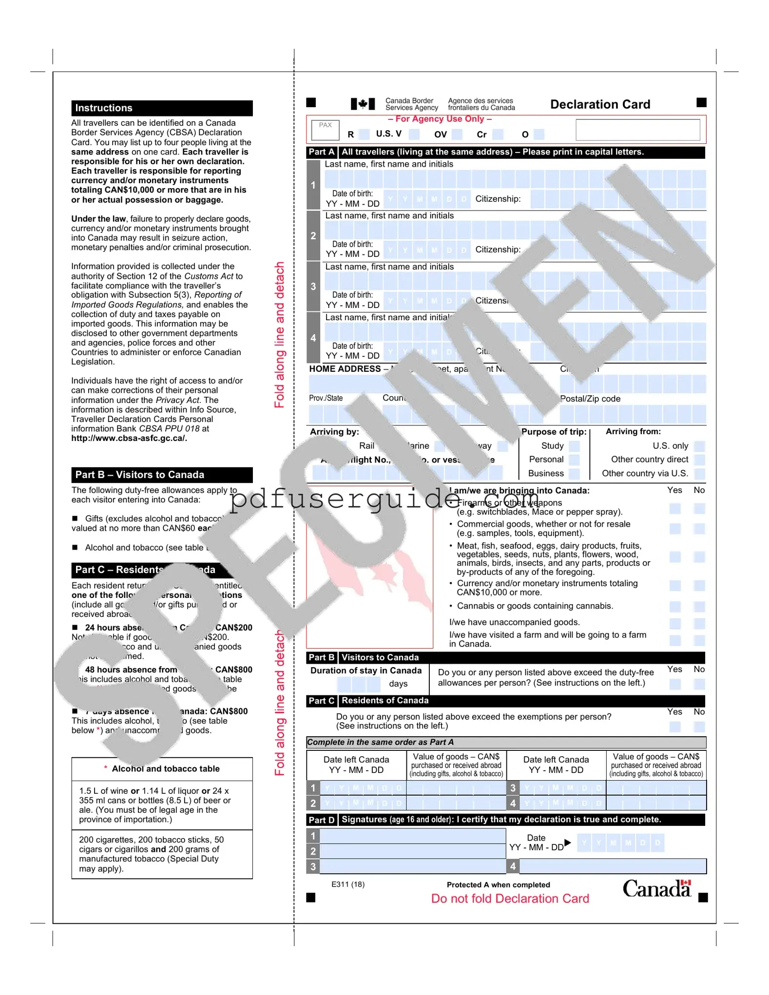 Free Declaration Canada E311 Form in PDF