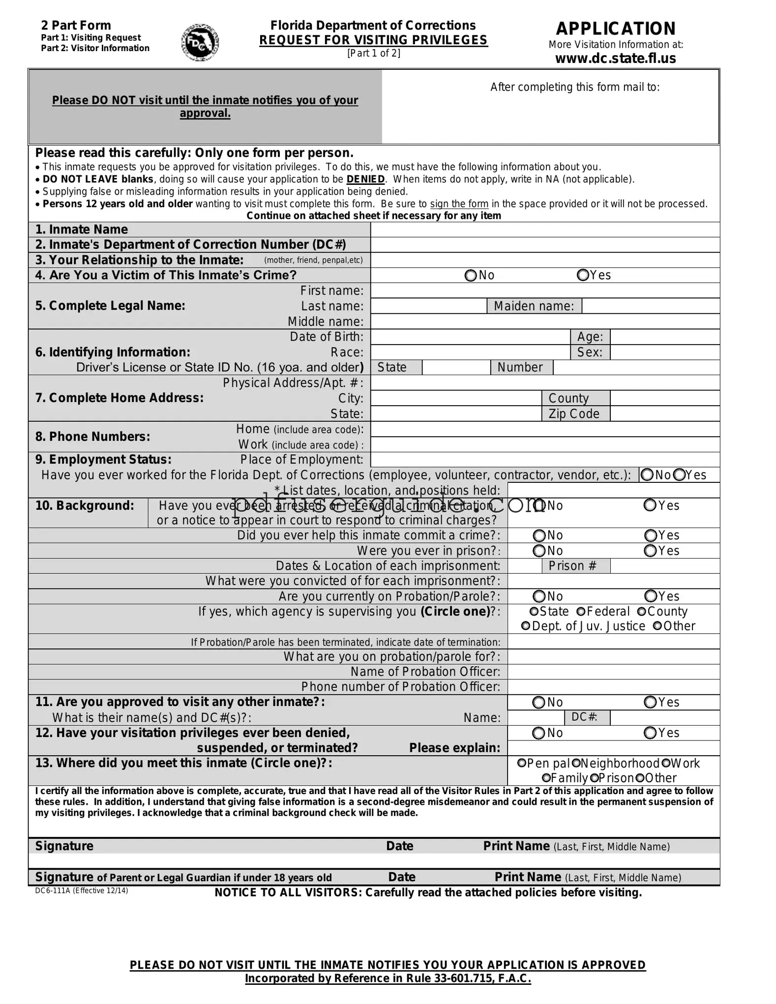 Free Department Of Corrections Visitation Florida Form in PDF