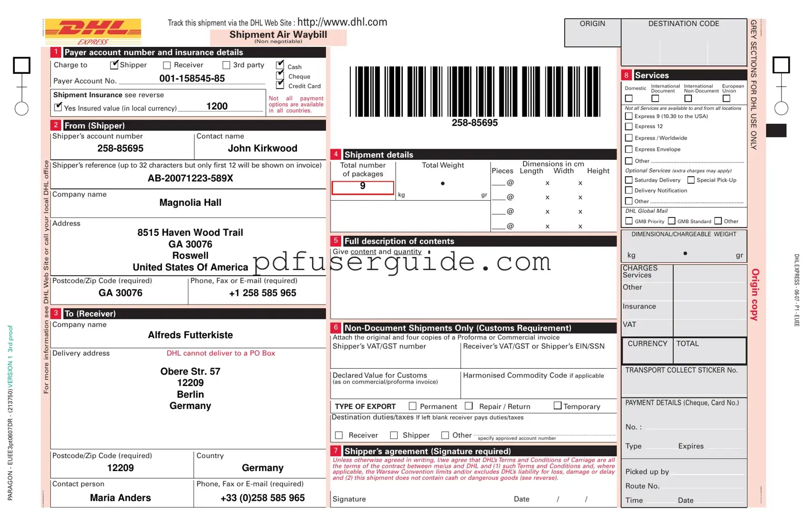 Free Dhl Waybill Form in PDF